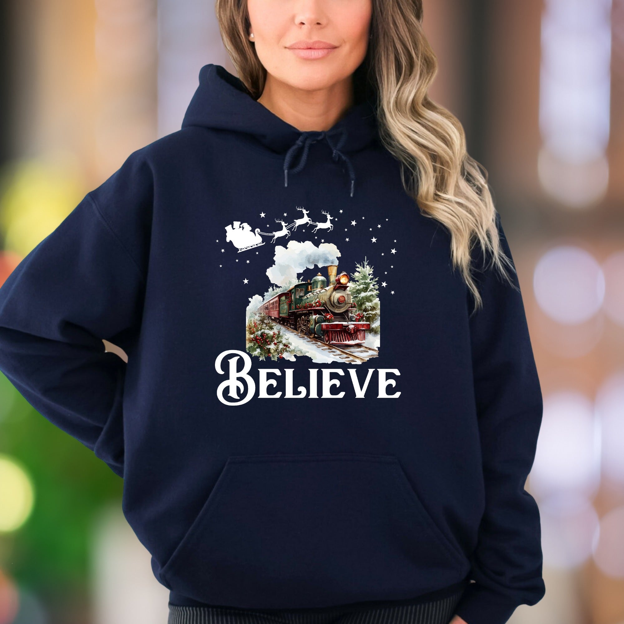 "BELIEVE" | Festive Winter Train Unisex Adult Hoodie | Holiday Magic Lifestyle