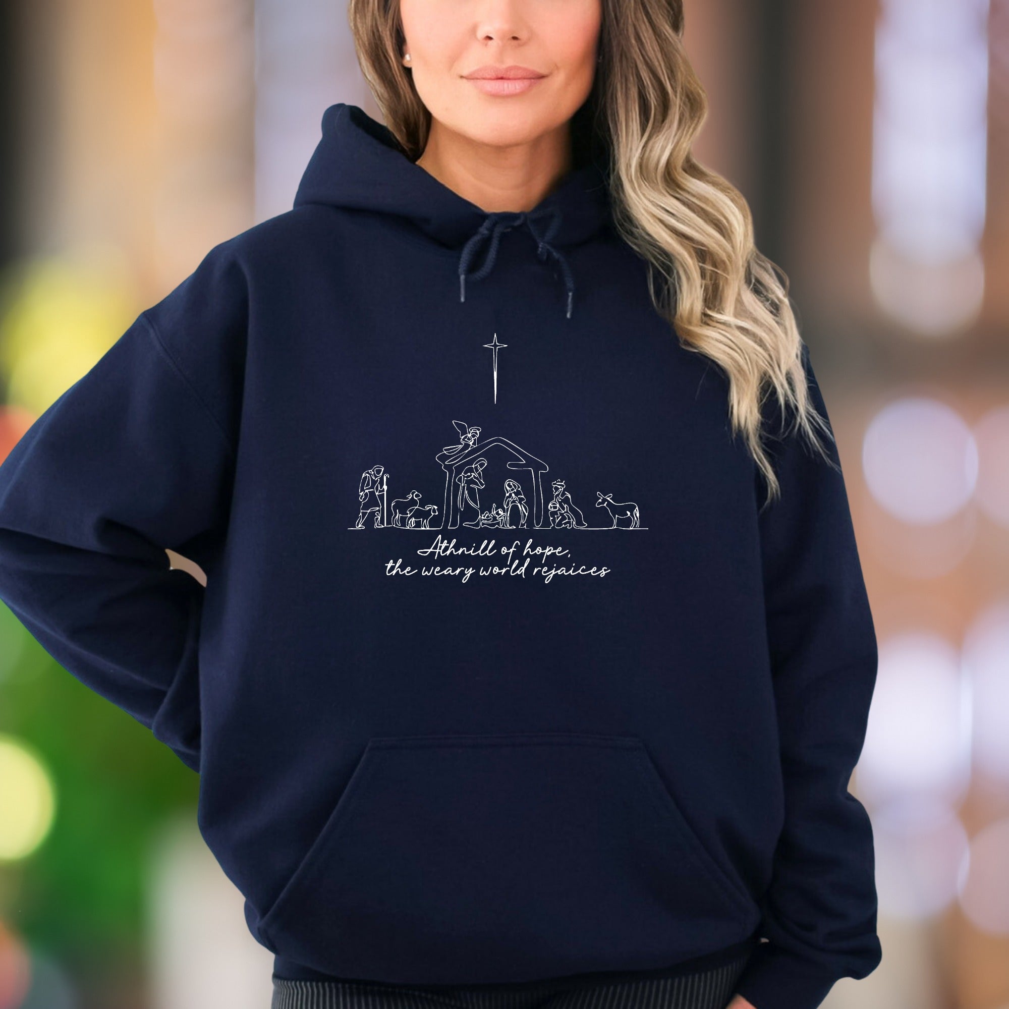 "A thrill of hope, the weary world rejoices" | Minimal Nativity Unisex Adult Hoodie | Inspiring Christian Apparel