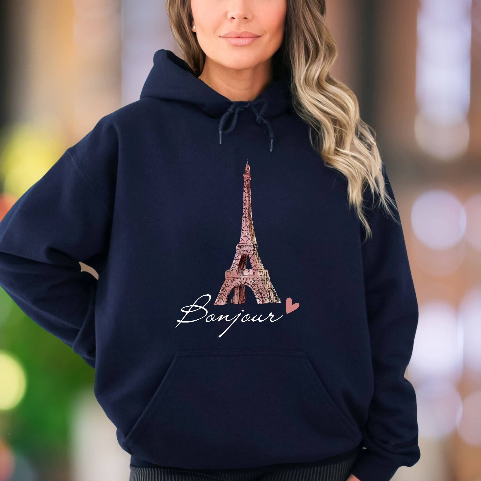 "Bonjour Eiffel Tower" | Parisian Sketch Unisex Adult Hoodie | Travel Lifestyle Apparel