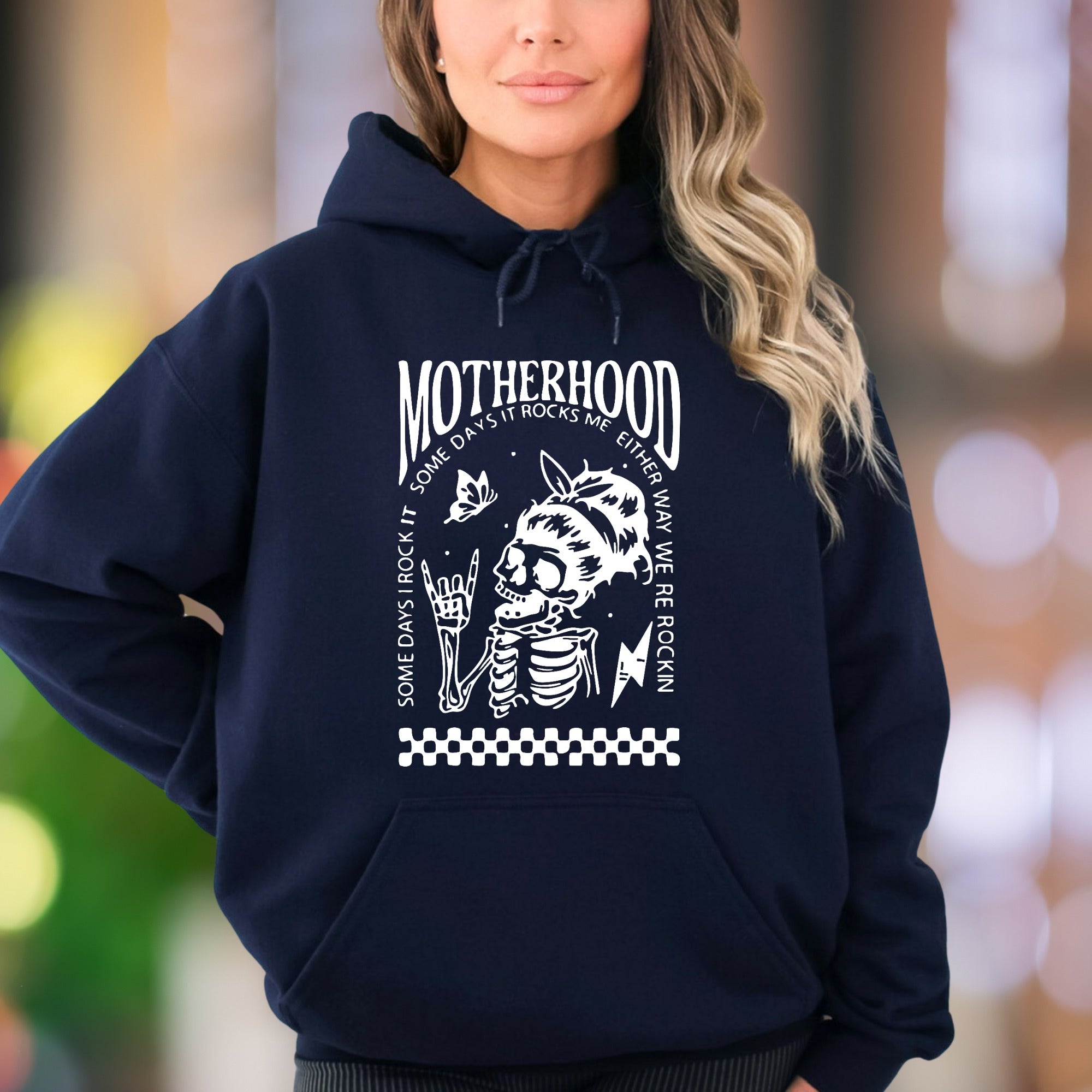 "Motherhood: Some Days It Rocks Me" | Vintage Skull Unisex Adult Hoodie | Parental Humor