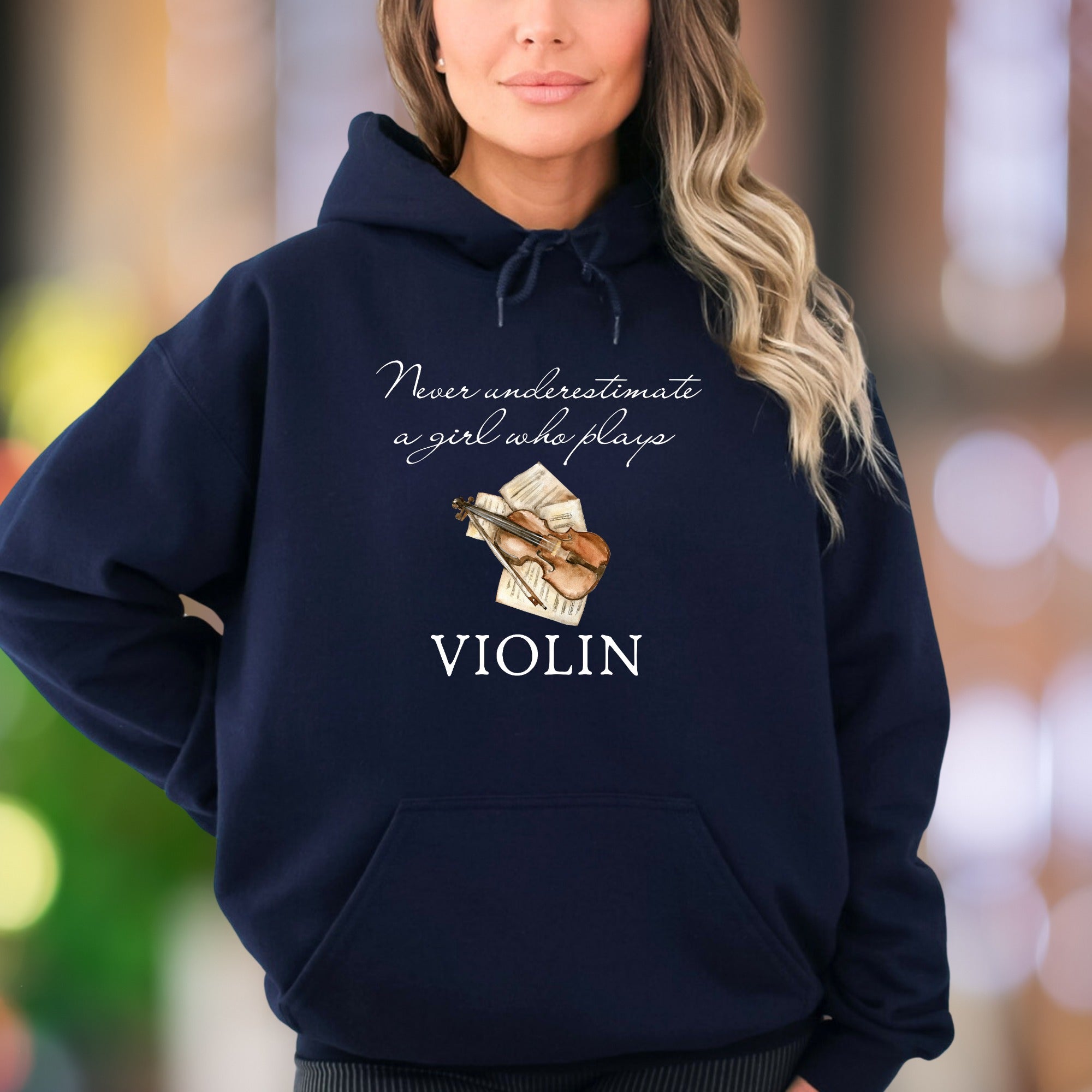"Never underestimate a girl who plays VIOLIN" | Motivational Typography Unisex Adult Hoodie | Musician Lifestyle