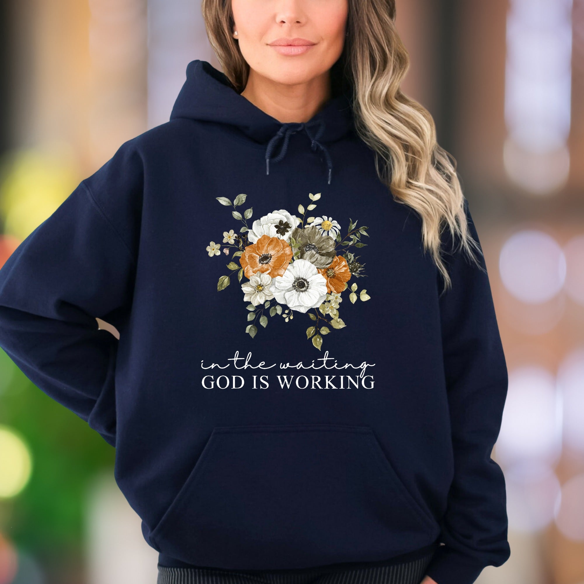 "In The Waiting God Is Working" | Floral Graphic Unisex Adult Hoodie | Motivational Lifestyle