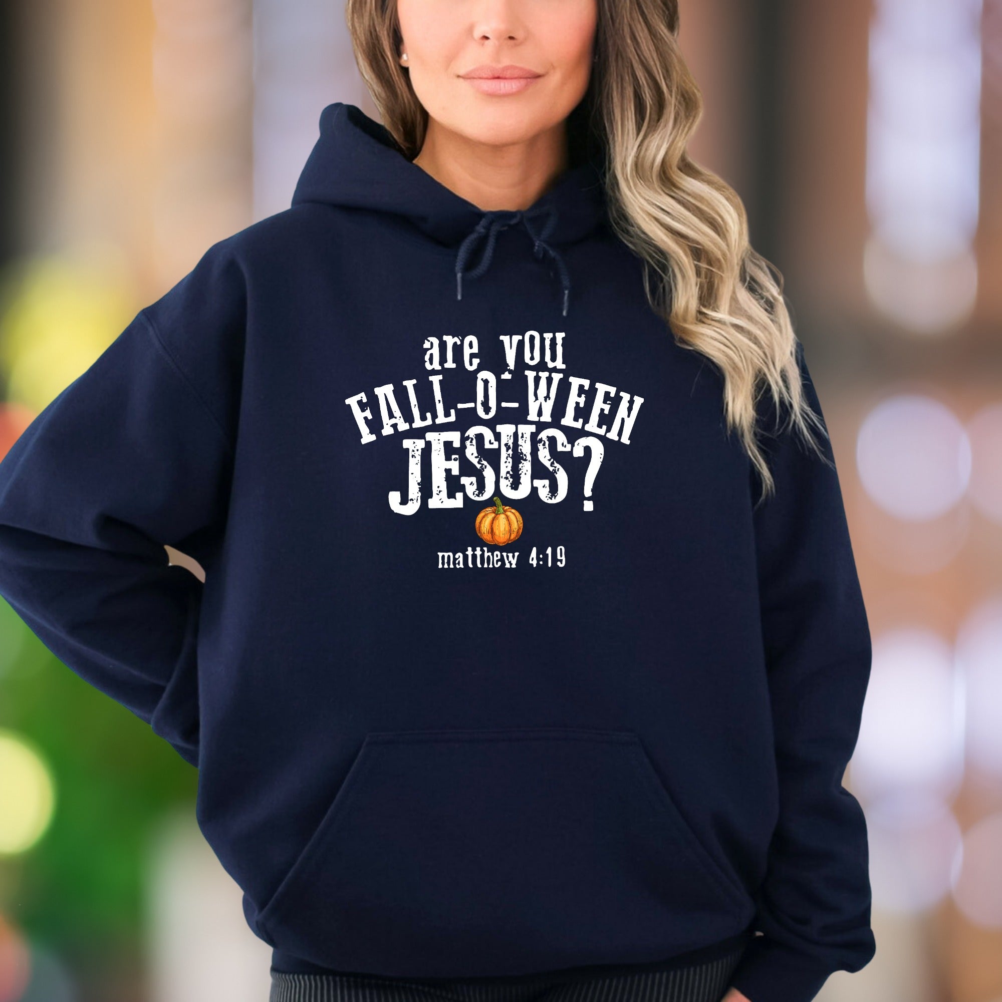 "Are You Fall-o-ween Jesus? Matthew 4:19" | Bold Typography Unisex Adult Hoodie | Humorous Lifestyle