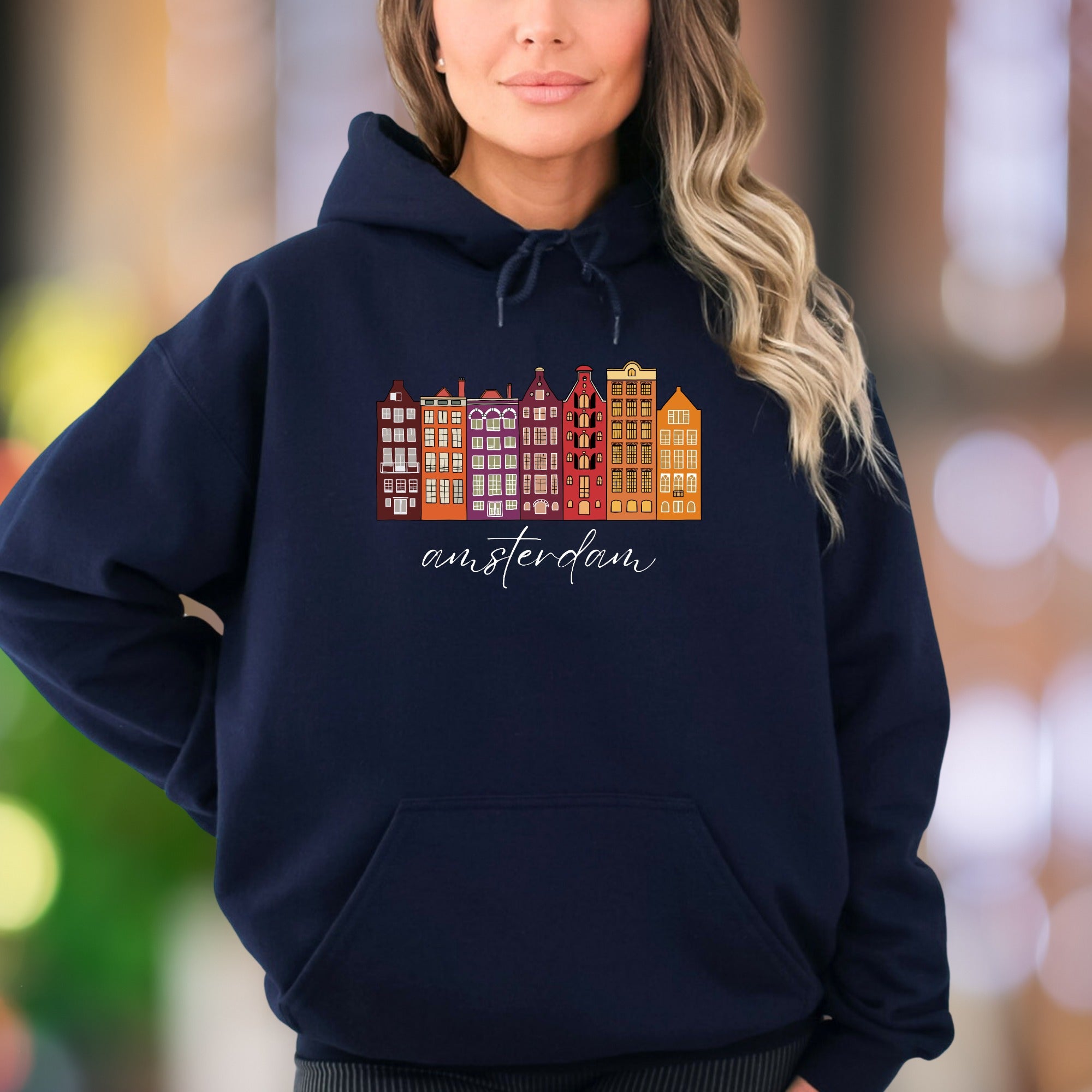 "amsterdam" | Illustrated Cityscape Unisex Adult Hoodie | Travel Lifestyle