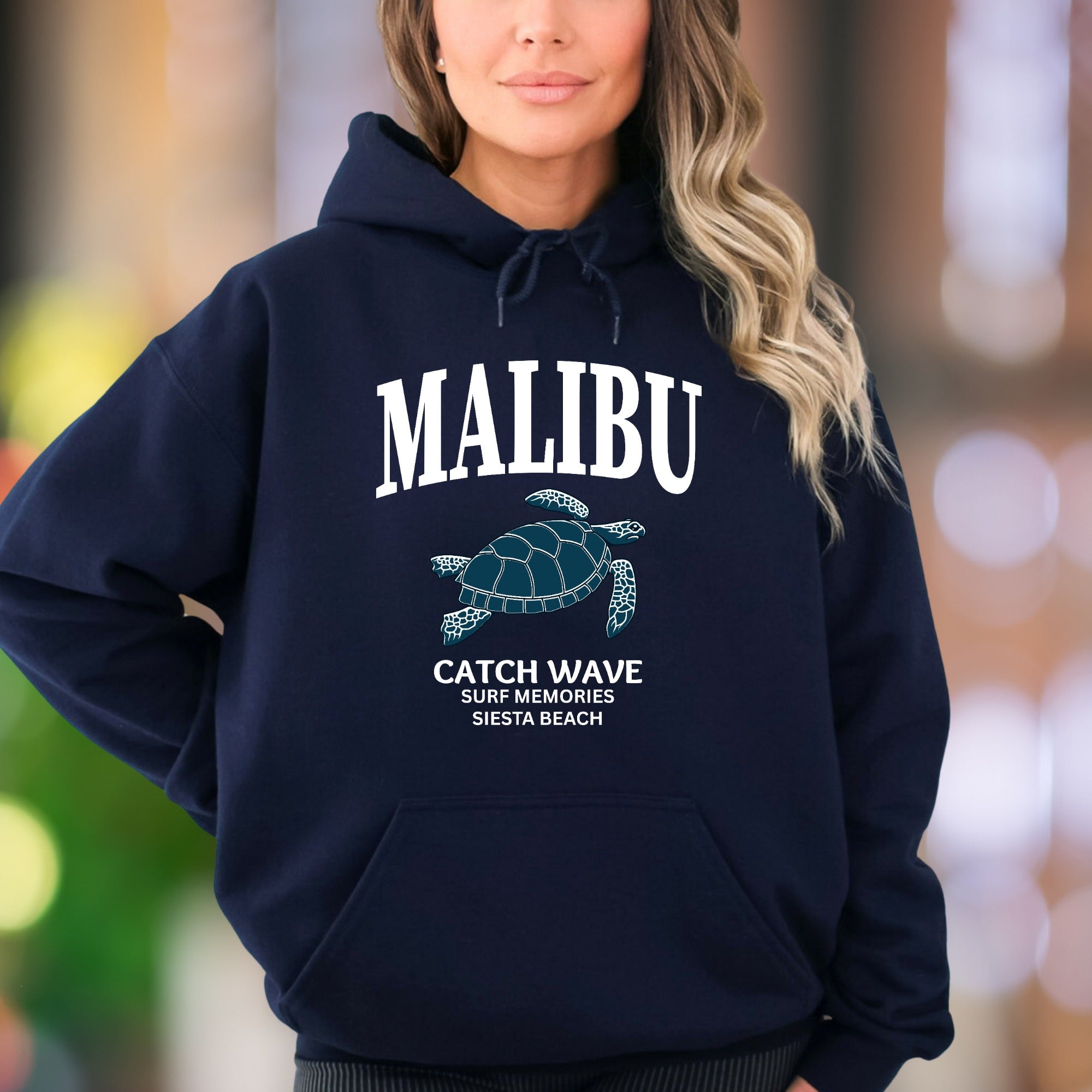 "MALIBU Catch Wave Surf Memories" | Retro Beach Unisex Adult Hoodie | Coastal Lifestyle