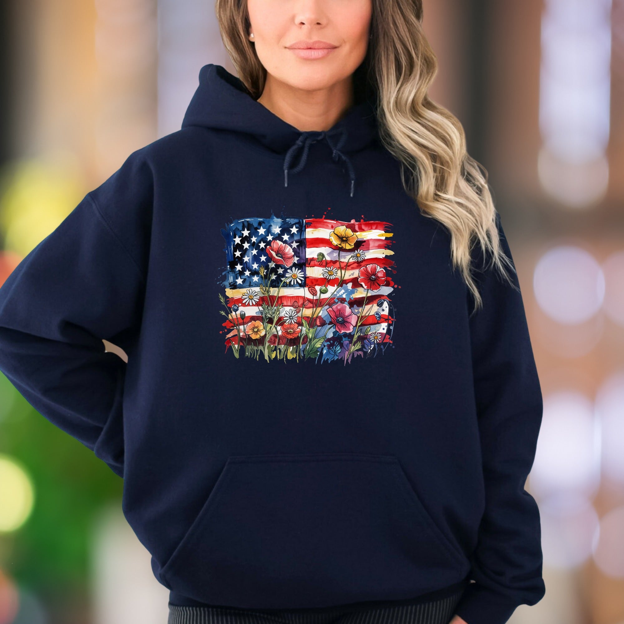 "Bloom With Patriotism" | Rustic Floral Flag Unisex Adult Hoodie | Nature-Inspired Lifestyle