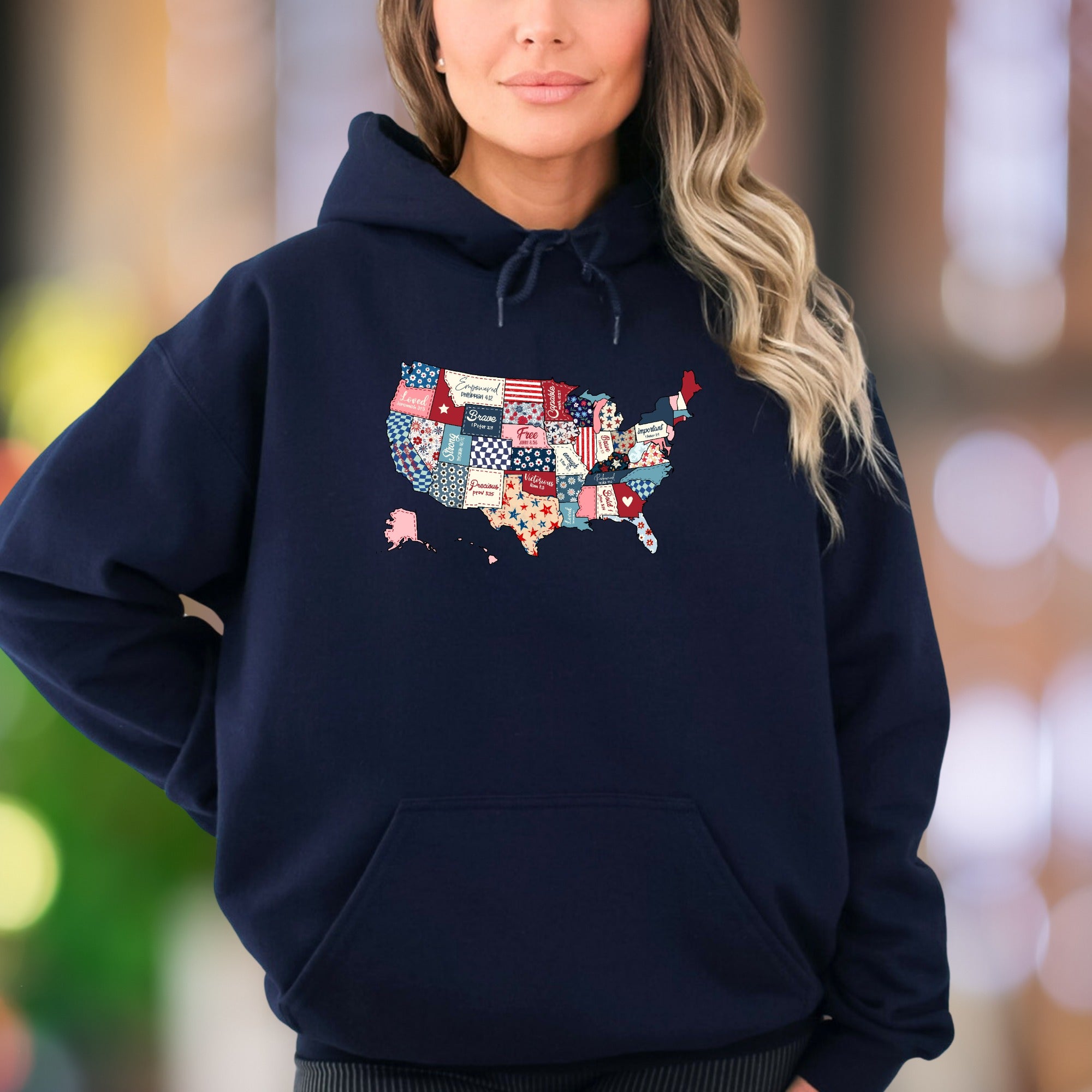 "Loved. Empowered. Brave. Free. Precious. Victorious. Important." | Patchwork USA Map Unisex Adult Hoodie | Motivational Identity