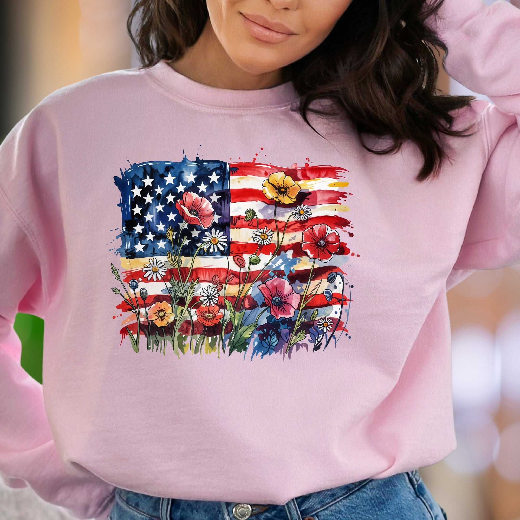 "Watercolor Floral Flag" | Patriotic Nature Unisex Adult Sweatshirt | Expressive Lifestyle