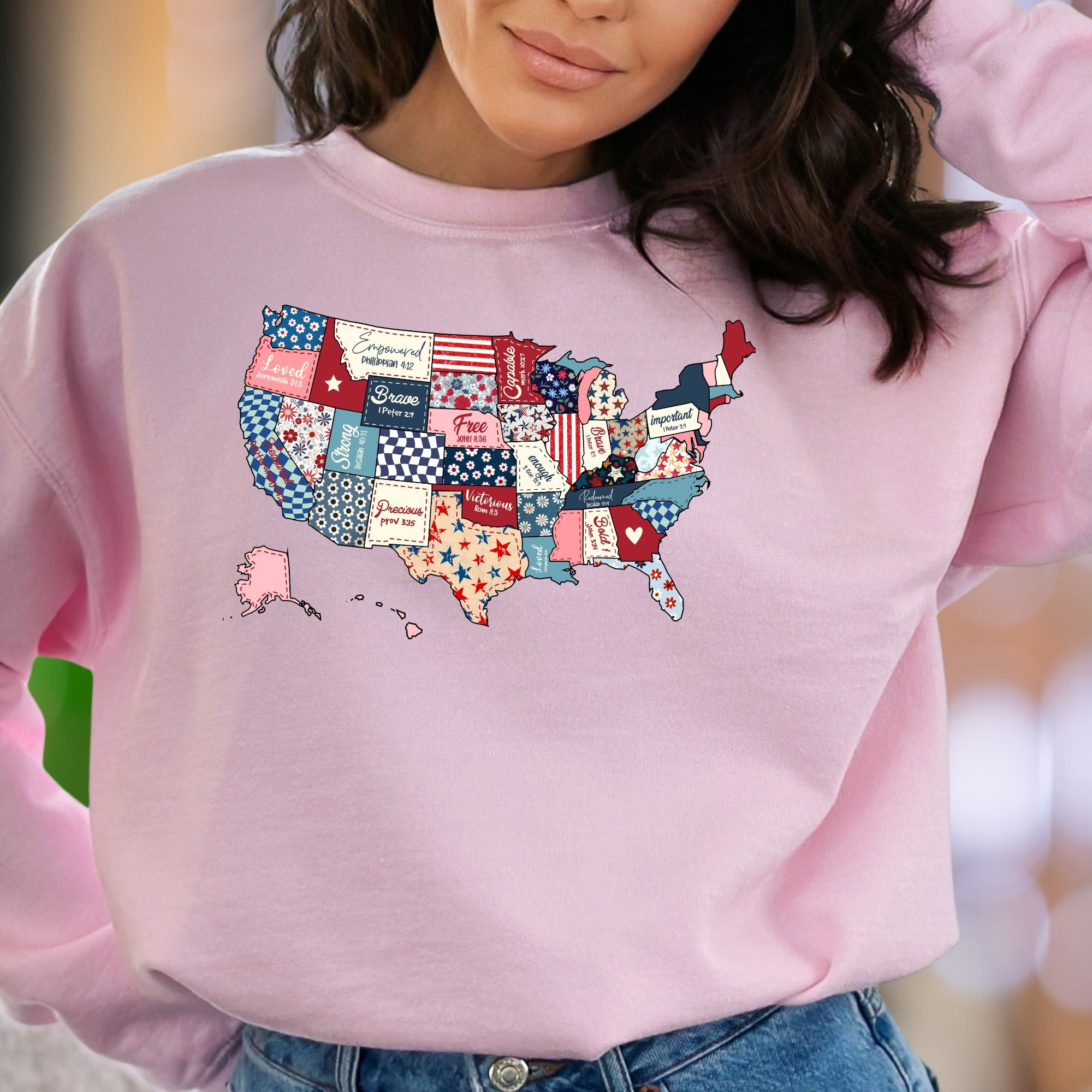 "Loved, Empowered, Brave, Free, Strong, Precious, Victorious" | Patchwork Map Unisex Adult Sweatshirt | Spiritual Confidence