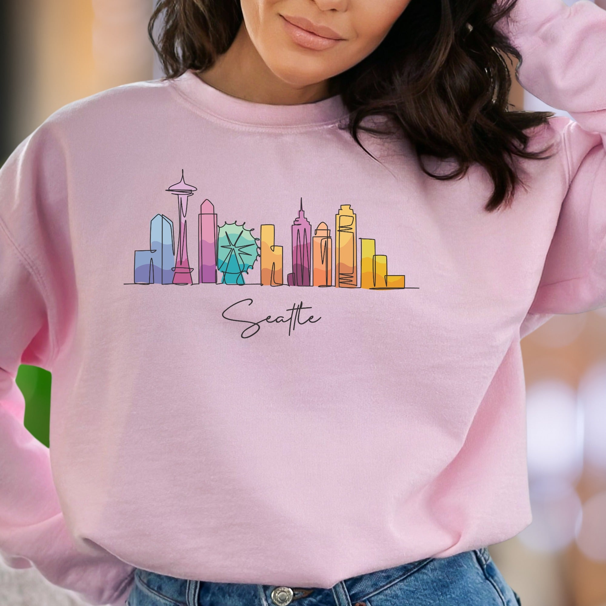 "Seattle" | Watercolor Skyline Unisex Adult Sweatshirt | City Travel Apparel