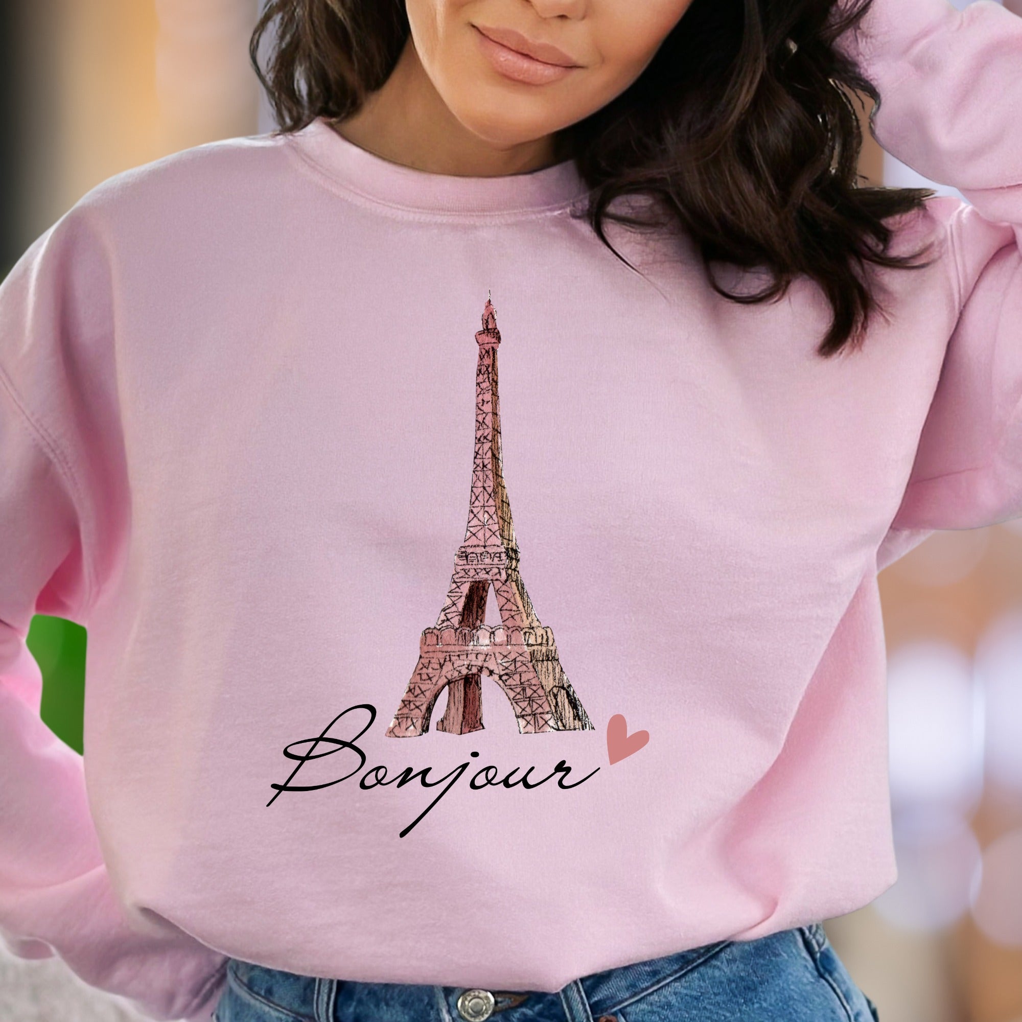 "Bonjour" | Parisian Eiffel Tower Unisex Adult Sweatshirt | Travel & Lifestyle
