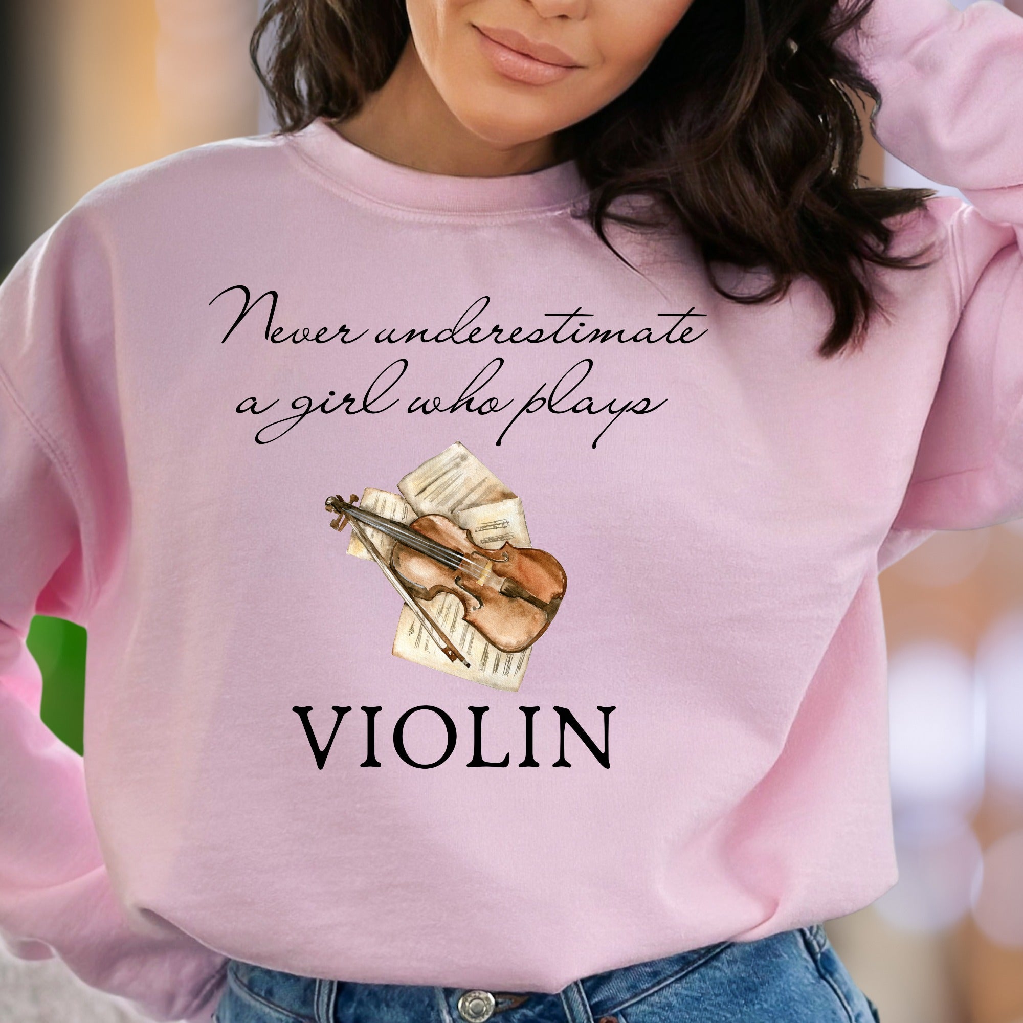 "Never Underestimate A Girl Who Plays Violin" | Musical Graphic Unisex Adult Sweatshirt | Creative Lifestyle