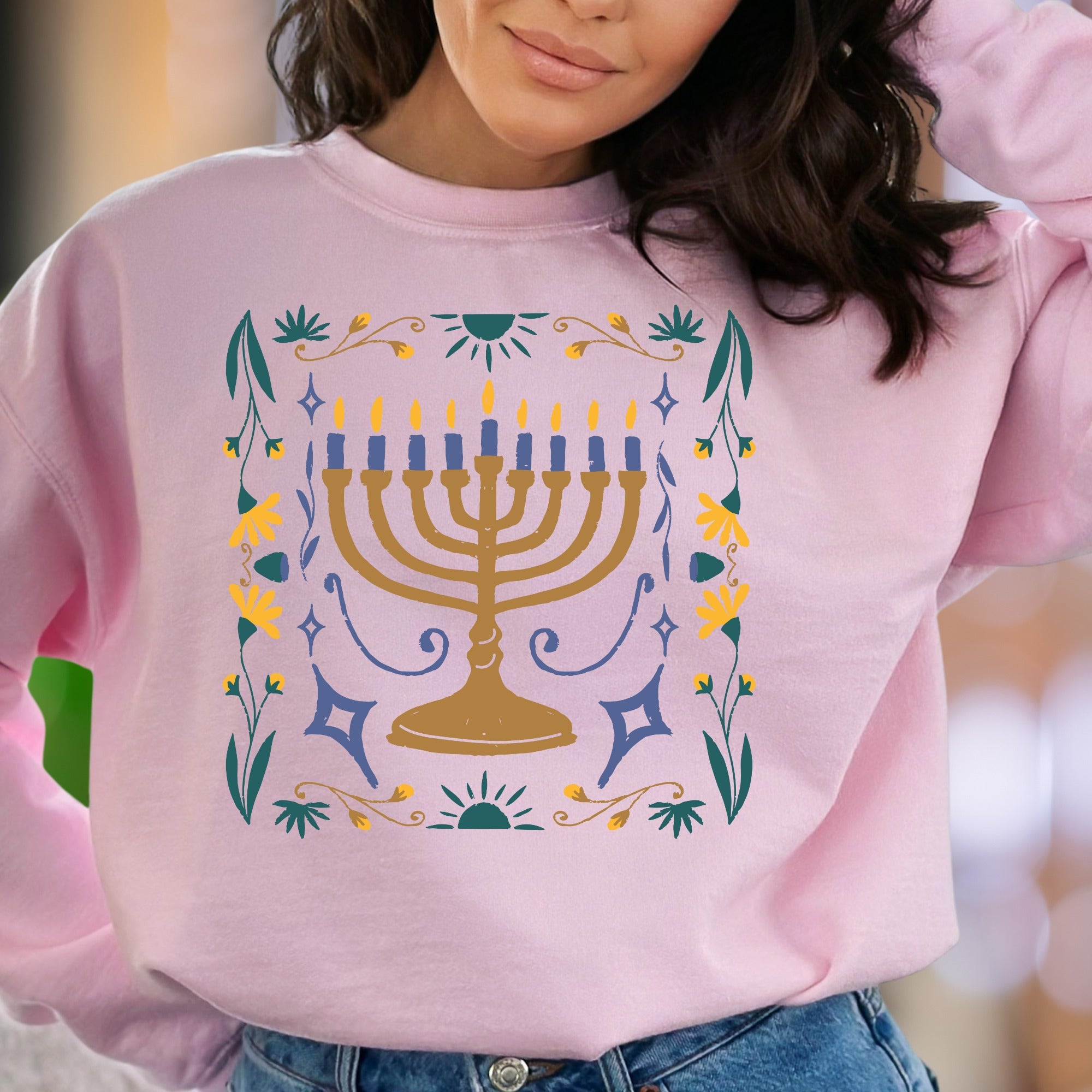 Minimal Menorah Floral Unisex Adult Sweatshirt | Festive Lifestyle Apparel