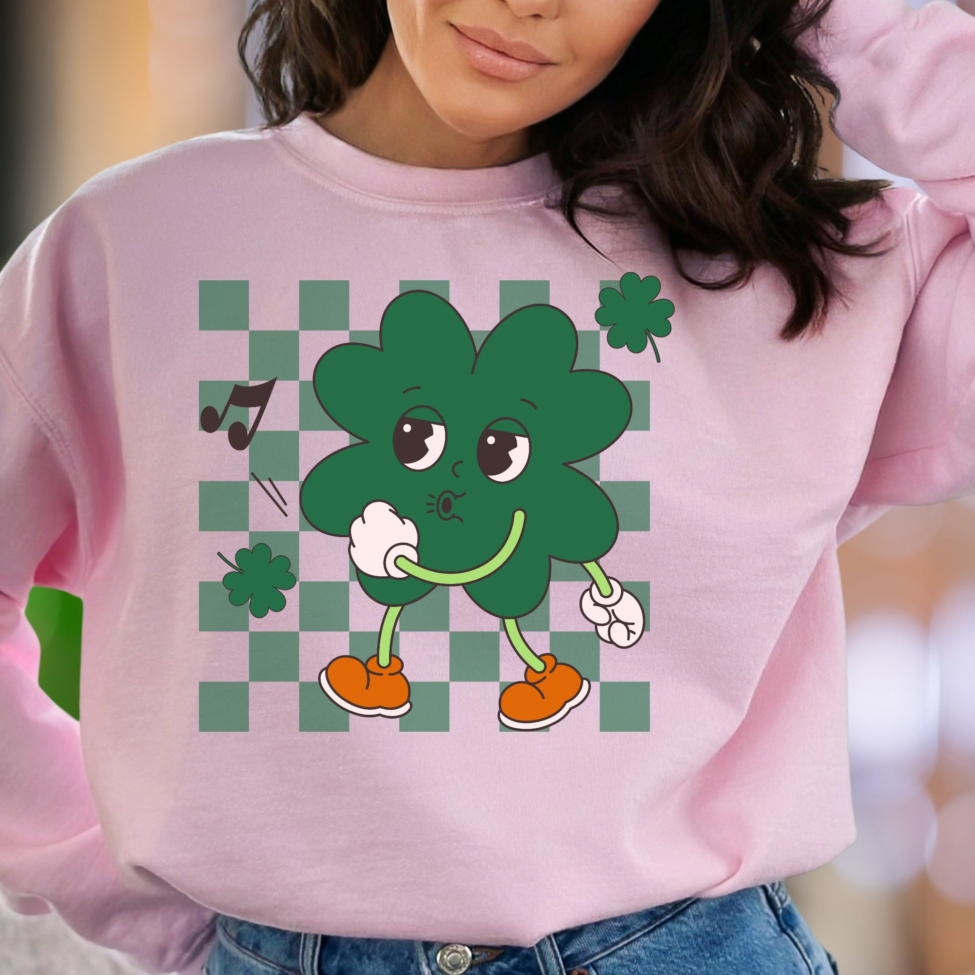 "Whistling Shamrock Character" | Retro Cartoon Unisex Adult Sweatshirt | Playful Lifestyle