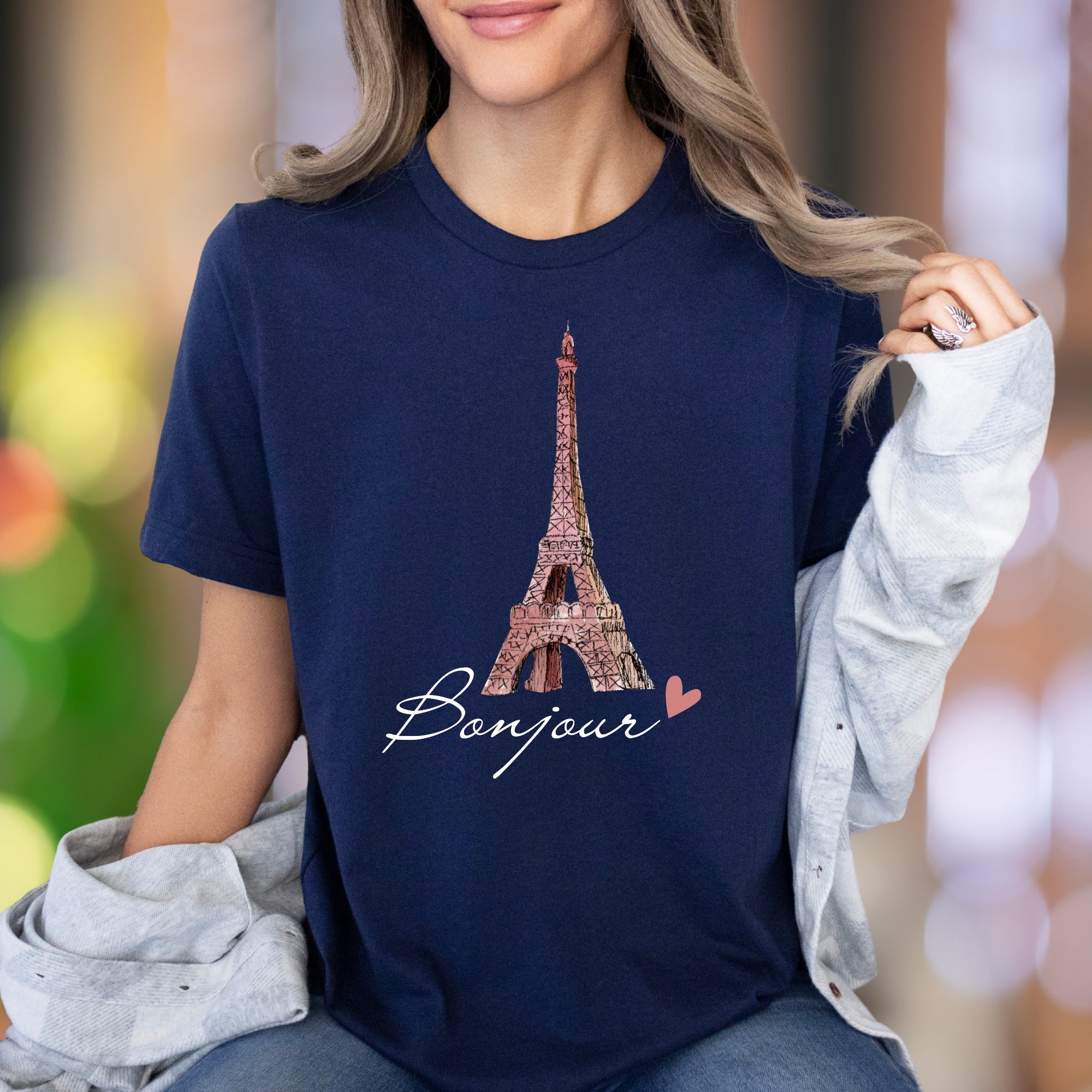 "Bonjour" | Watercolor Eiffel Tower Unisex Adult T-Shirt | Parisian Chic Lifestyle