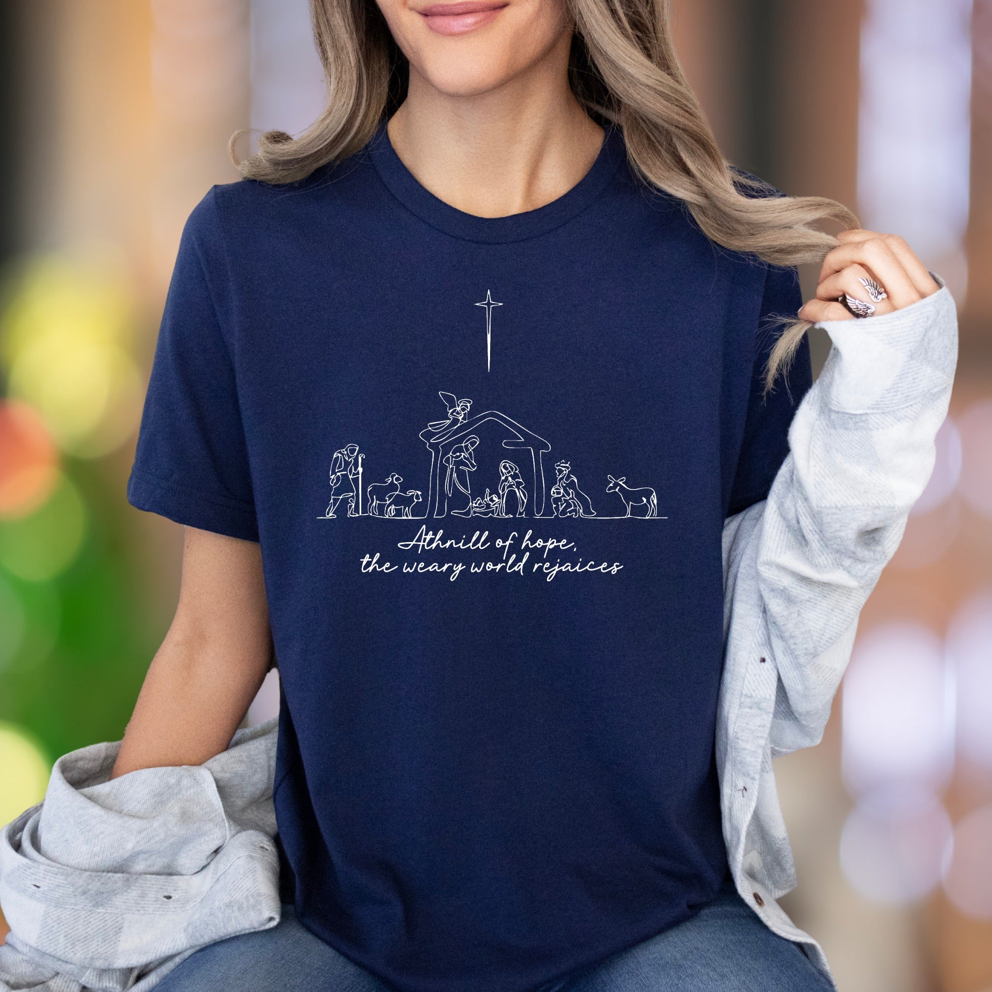 "A thrill of hope, the weary world rejoices" | Minimal Nativity Unisex Adult T-Shirt | Holiday Lifestyle