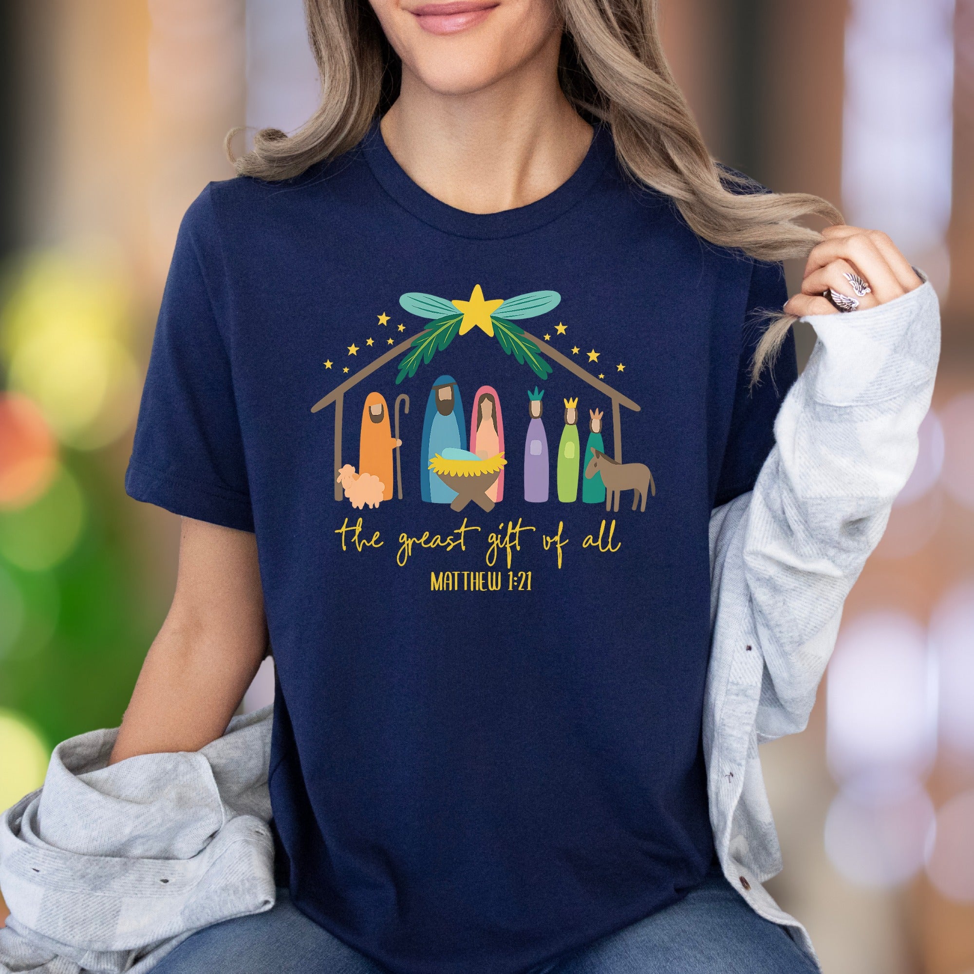 "The Greatest Gift Of All Matthew 1:21" | Nativity Scene Unisex Adult T-Shirt | Heartfelt Scripture Apparel