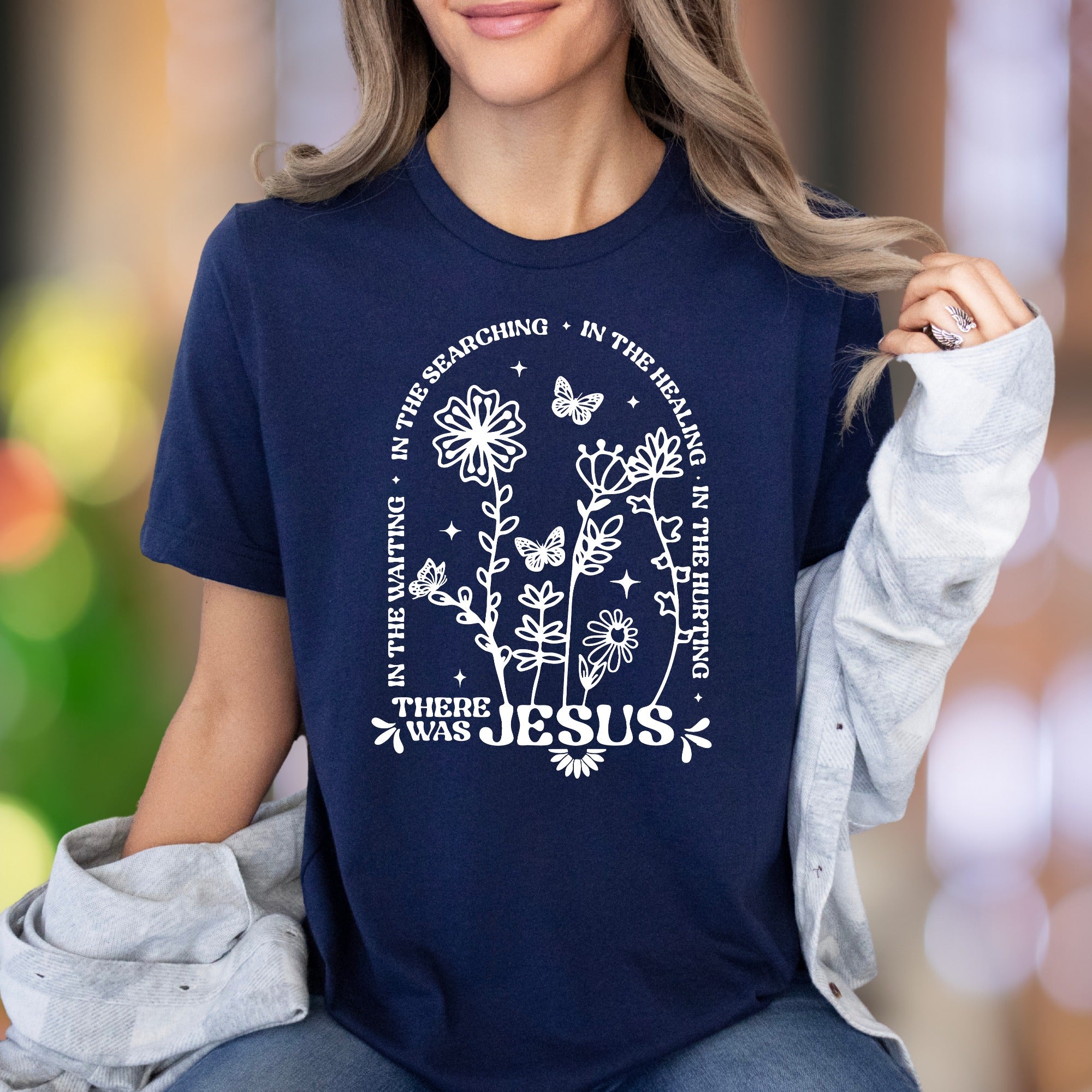 "In The Waiting, In The Searching, In The Healing, In The Hurting There Was Jesus" | Floral Graphic Unisex Adult T-Shirt | Faith-Inspired Lifestyle