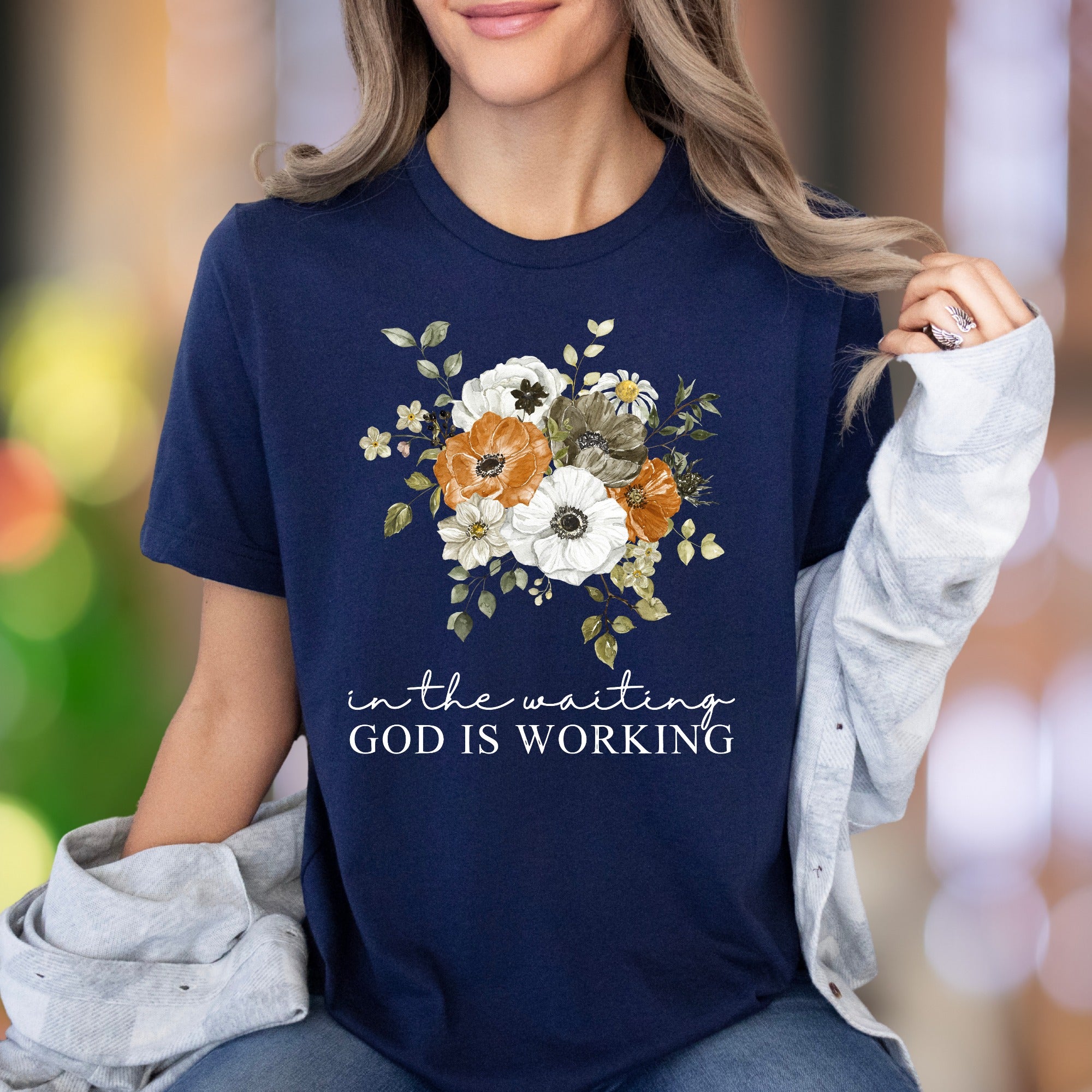 “In The Waiting God Is Working" | Floral Graphic Unisex Adult T-Shirt | Inspirational Lifestyle