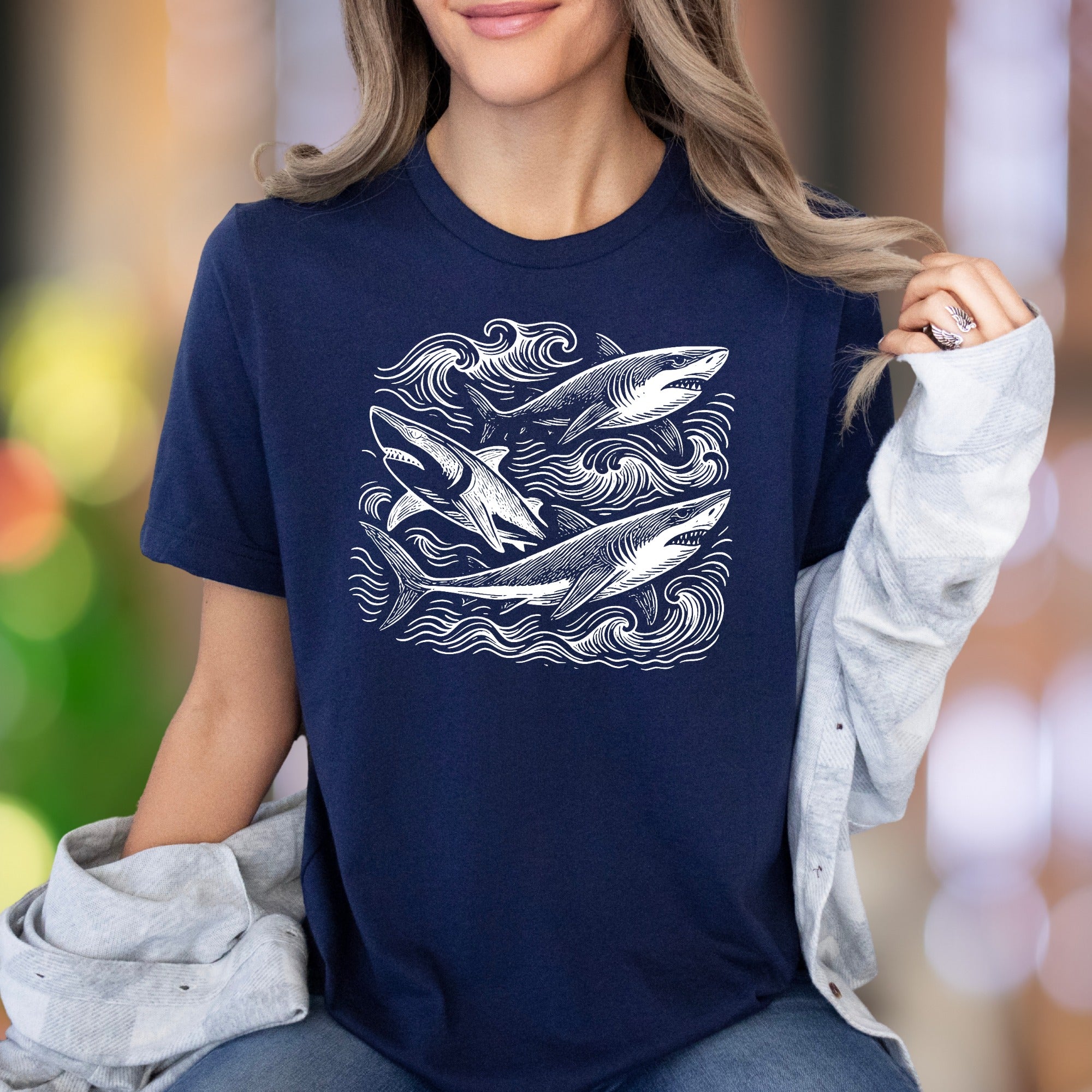 "Sharks with Waves" | Vintage Ocean Graphic Unisex Adult T-Shirt | Marine Lifestyle