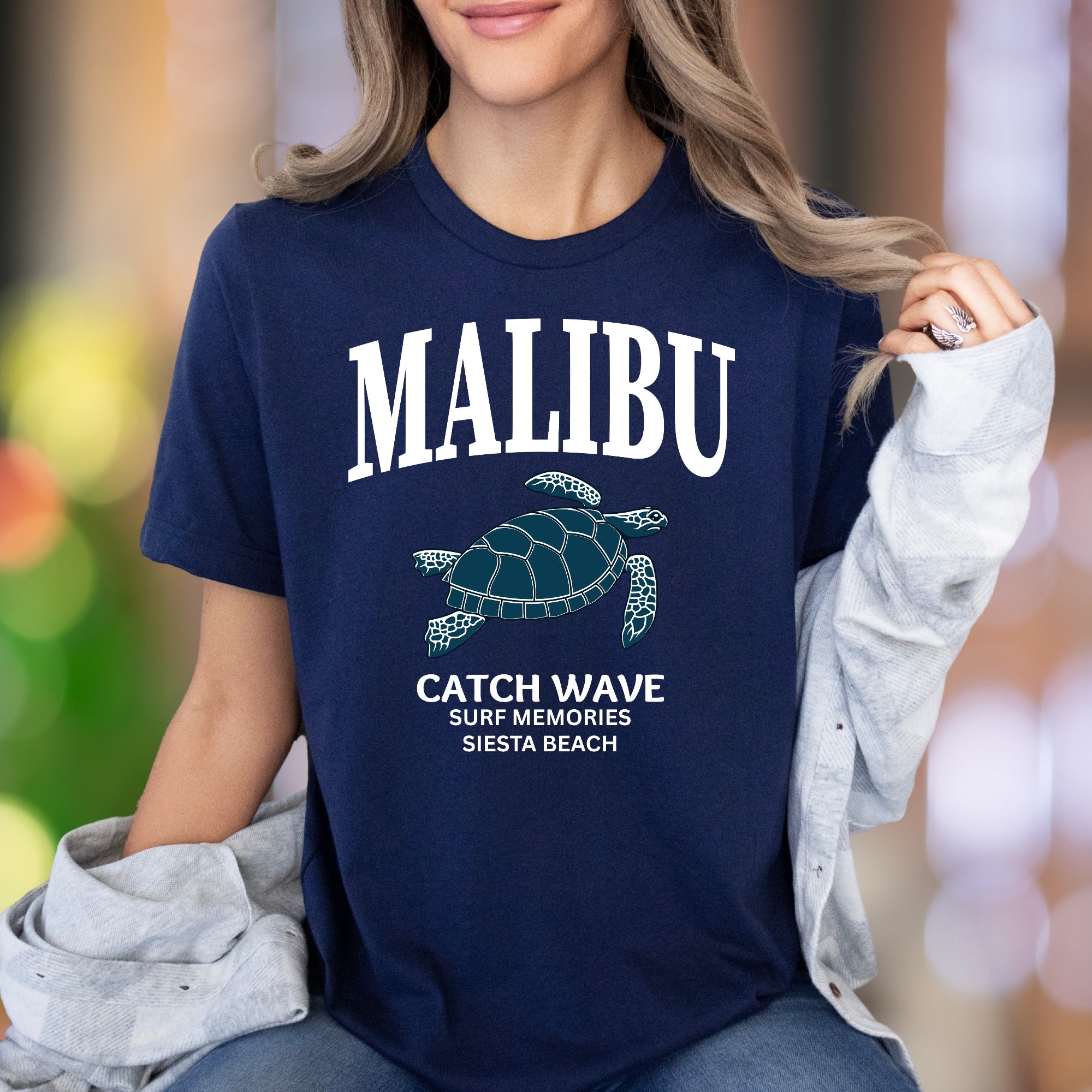 "MALIBU Catch Wave Surf Memories Siesta Beach" | Retro Island Graphic Unisex Adult T-Shirt | Beach Lifestyle