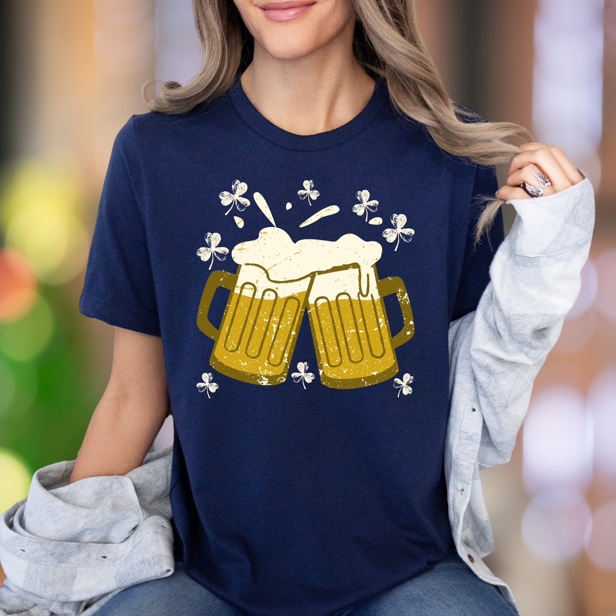 "Cheers & Shamrocks" | Distressed Graphic Unisex Adult T-Shirt | Festive Celebration Wear