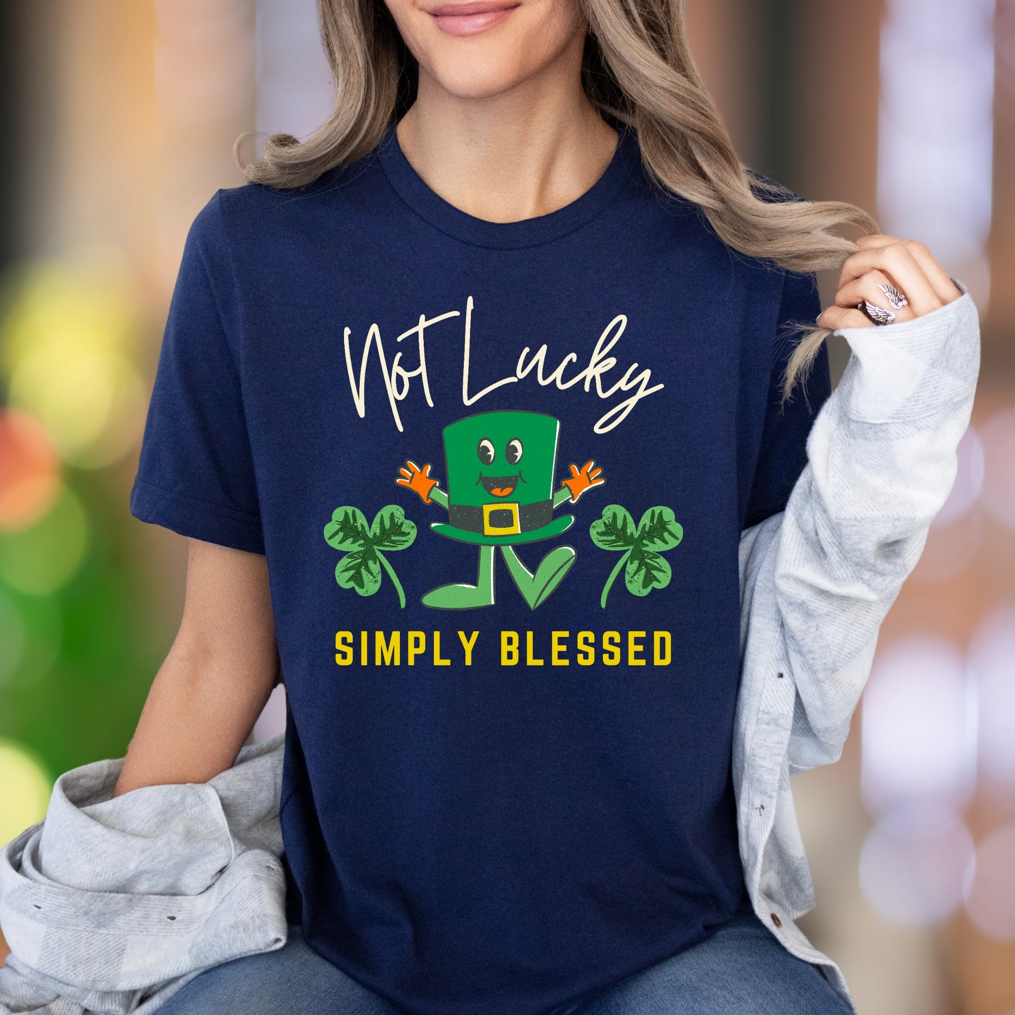 "Not Lucky Simply Blessed" | Funny Cartoon Unisex Adult T-Shirt | Positive Lifestyle