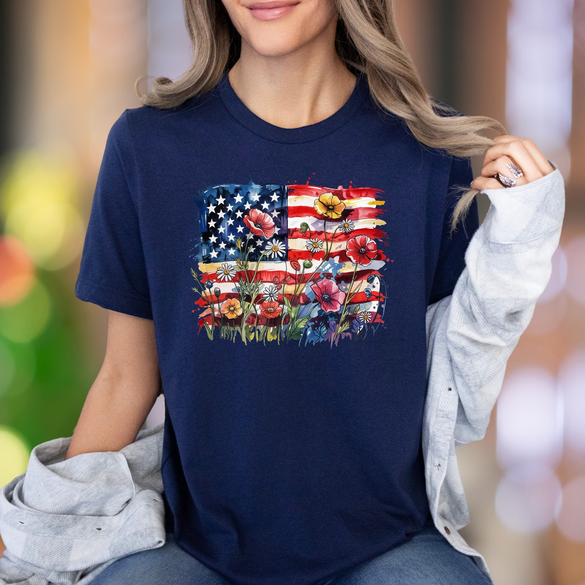 "Floral Flag Sketch" | Watercolor Graphic Unisex Adult T-Shirt | Patriotic Expression