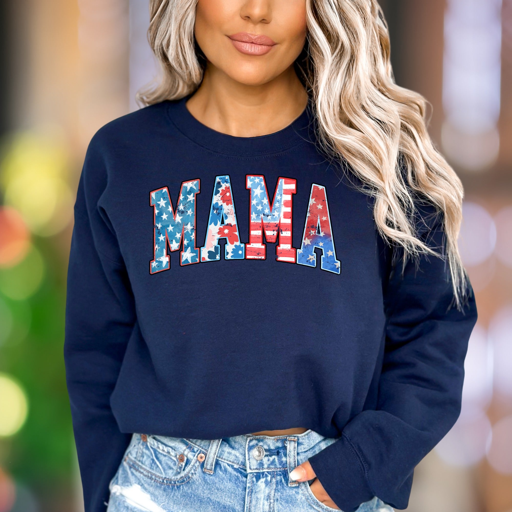 "MAMA" | Patriotic Floral & Stars Unisex Adult Sweatshirt | Motherhood Lifestyle