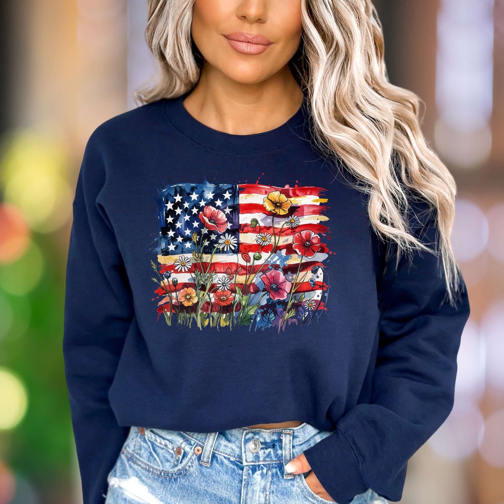 "Watercolor Floral Flag" | Patriotic Nature Unisex Adult Sweatshirt | Expressive Lifestyle