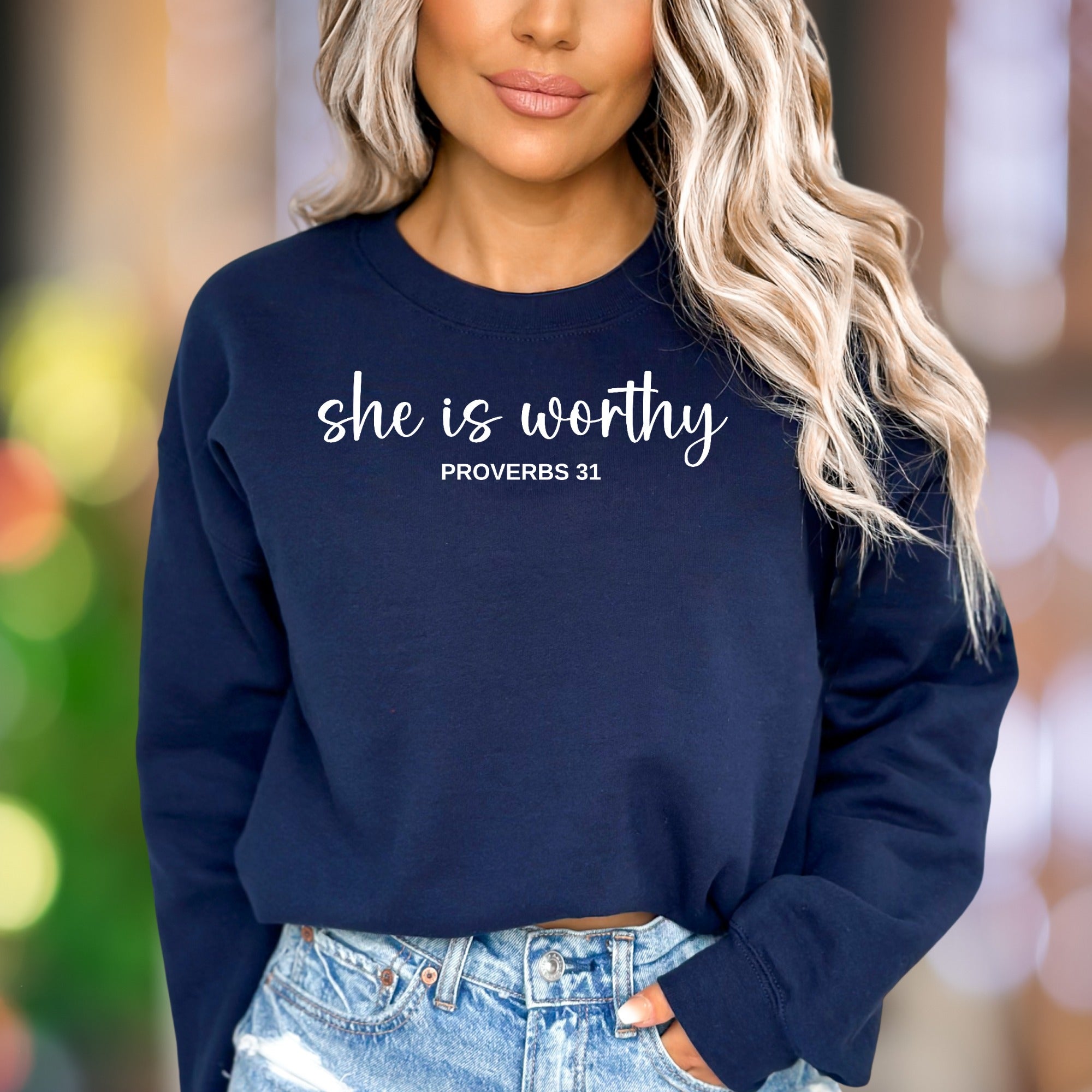 "She Is Worthy - Proverbs 31" | Script Typography Unisex Adult Sweatshirt | Inspirational Lifestyle