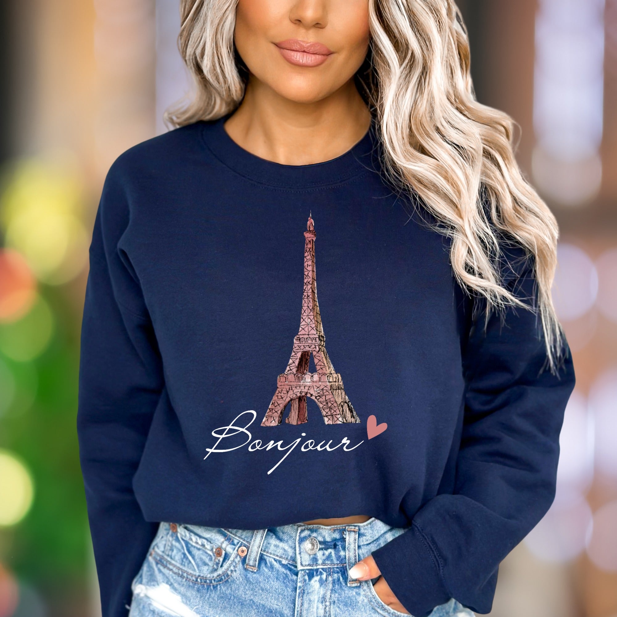 "Bonjour" | Parisian Eiffel Tower Unisex Adult Sweatshirt | Travel & Lifestyle