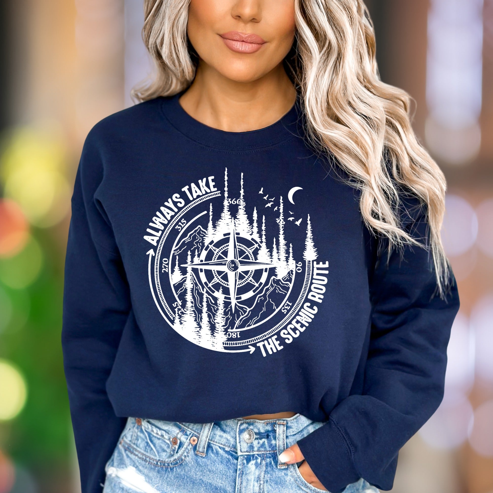 "ALWAYS TAKE THE SCENIC ROUTE" | Nature Compass Unisex Adult Sweatshirt | Adventurous Lifestyle
