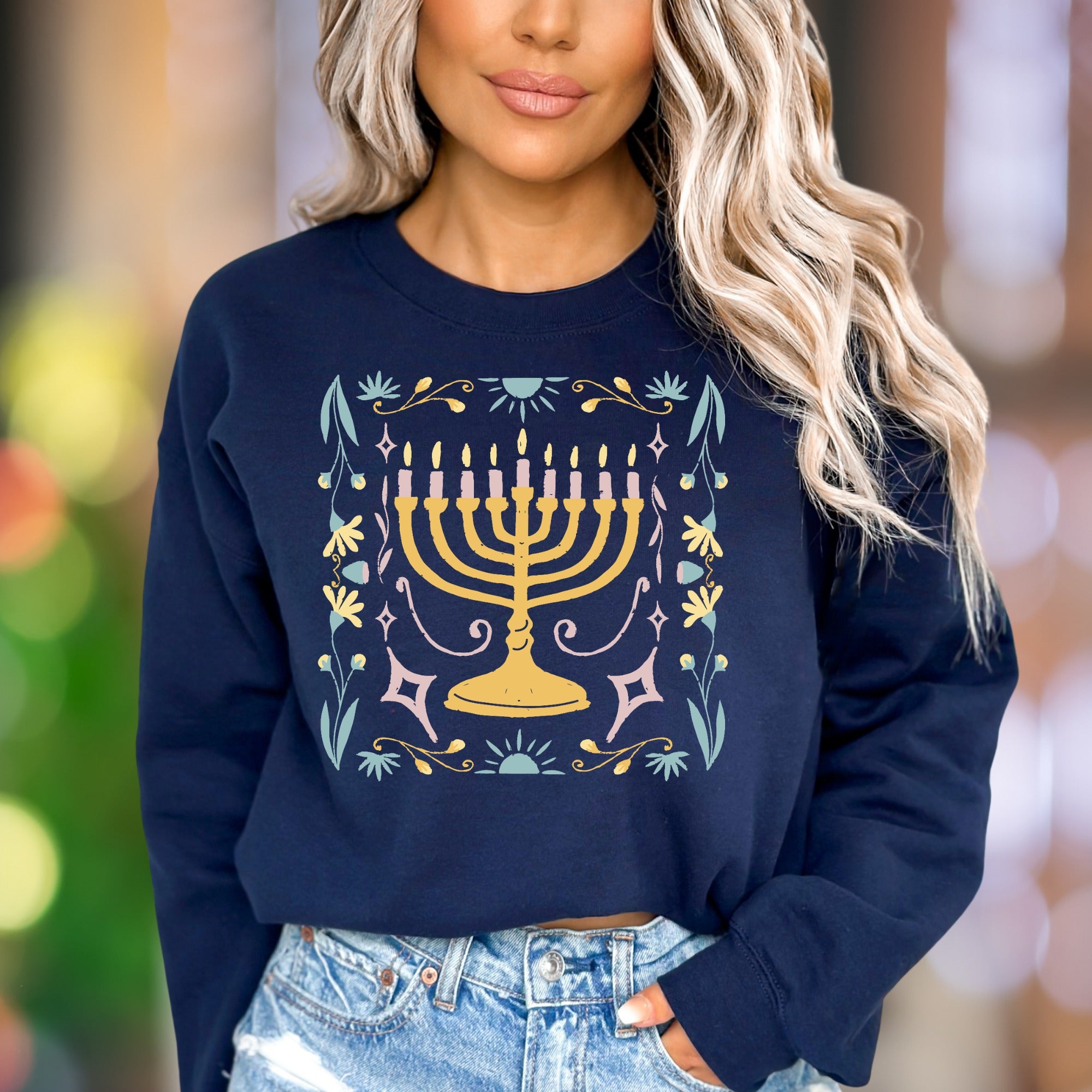 Minimal Menorah Floral Unisex Adult Sweatshirt | Festive Lifestyle Apparel