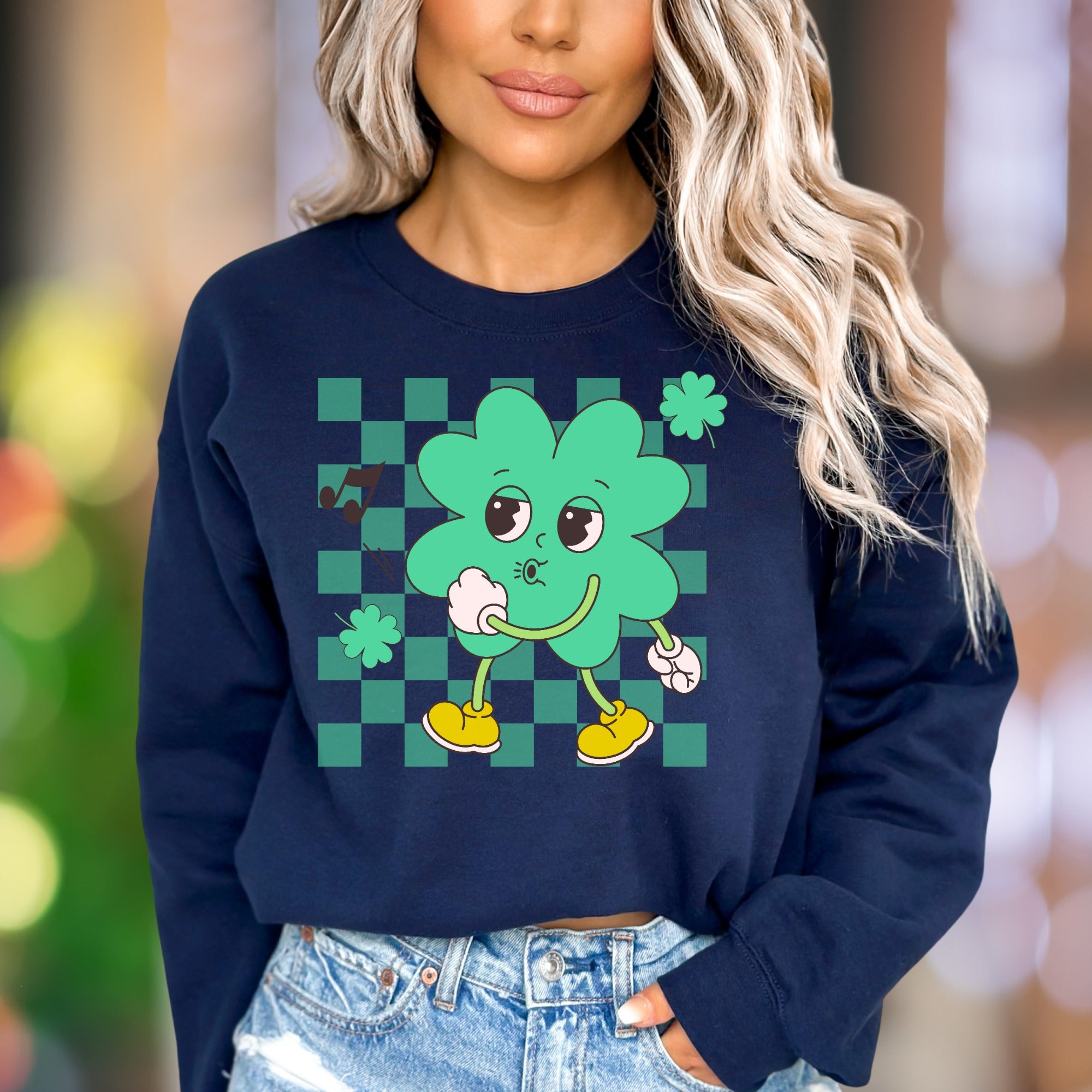 "Whistling Shamrock Character" | Retro Cartoon Unisex Adult Sweatshirt | Playful Lifestyle