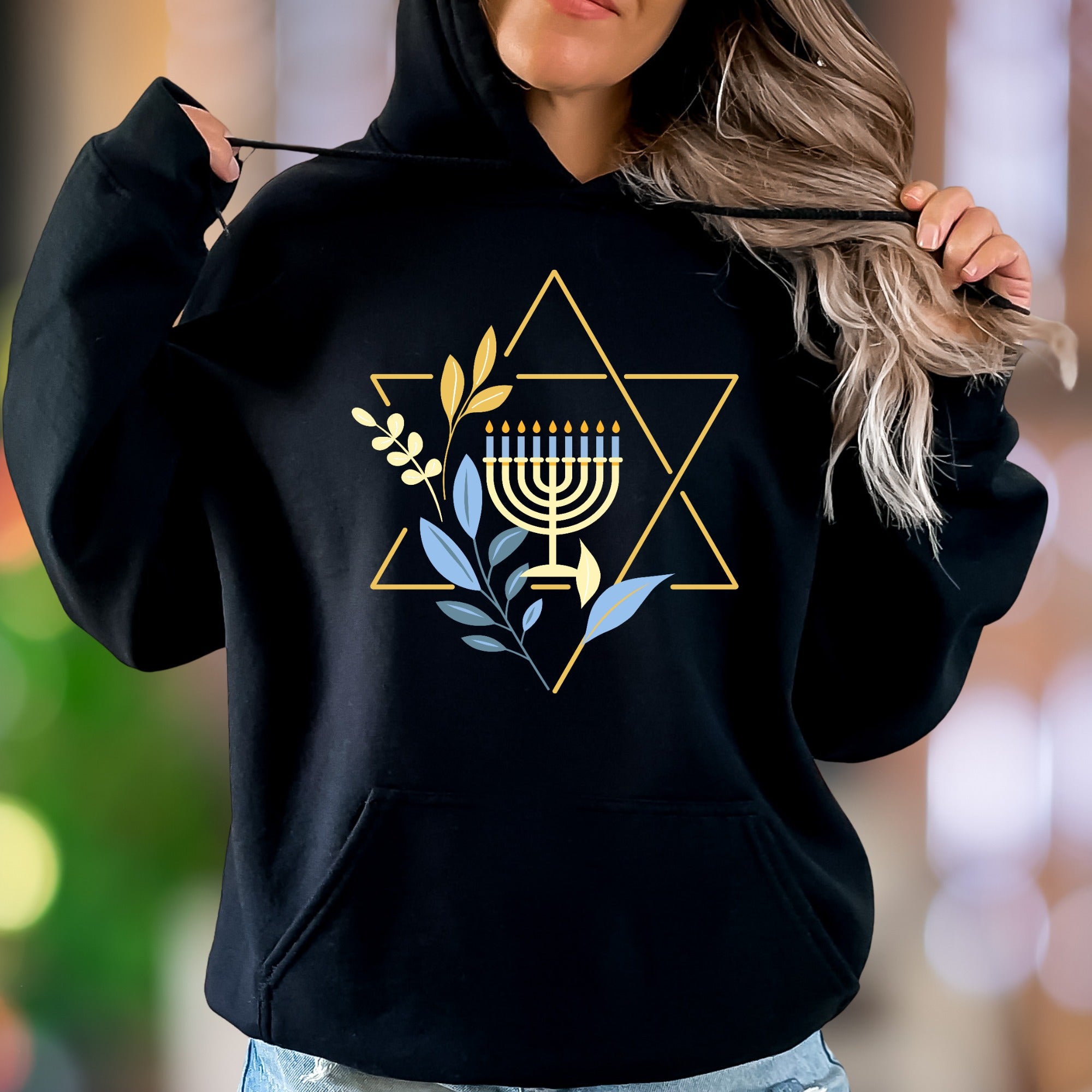 Star of David & Menorah Symbol | Evergreen Graphic Unisex Adult Hoodie | Spiritual Lifestyle