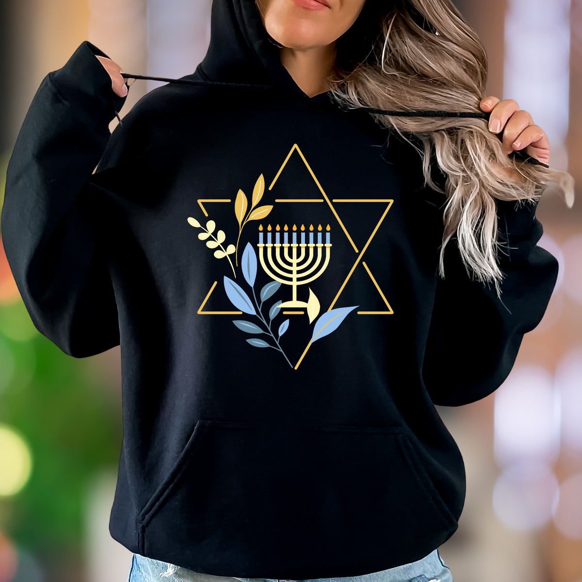 Star of David & Menorah Symbol | Evergreen Graphic Unisex Adult Hoodie | Spiritual Lifestyle
