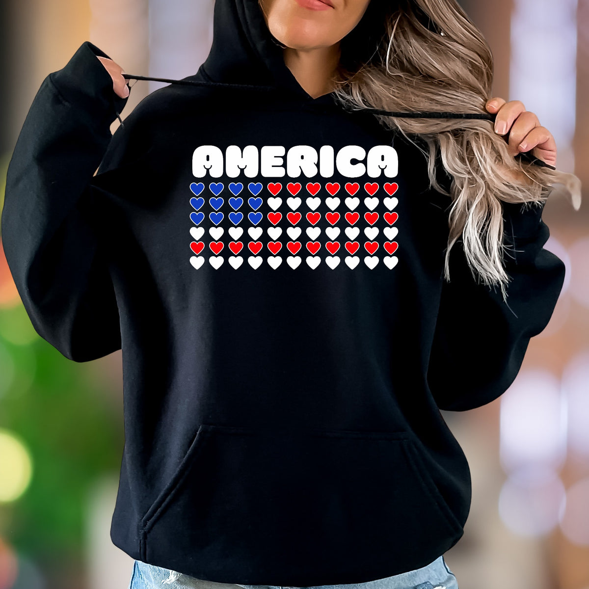 "AMERICA" | Patriotic Heart Flag Unisex Adult Hoodie | National Pride Apparel