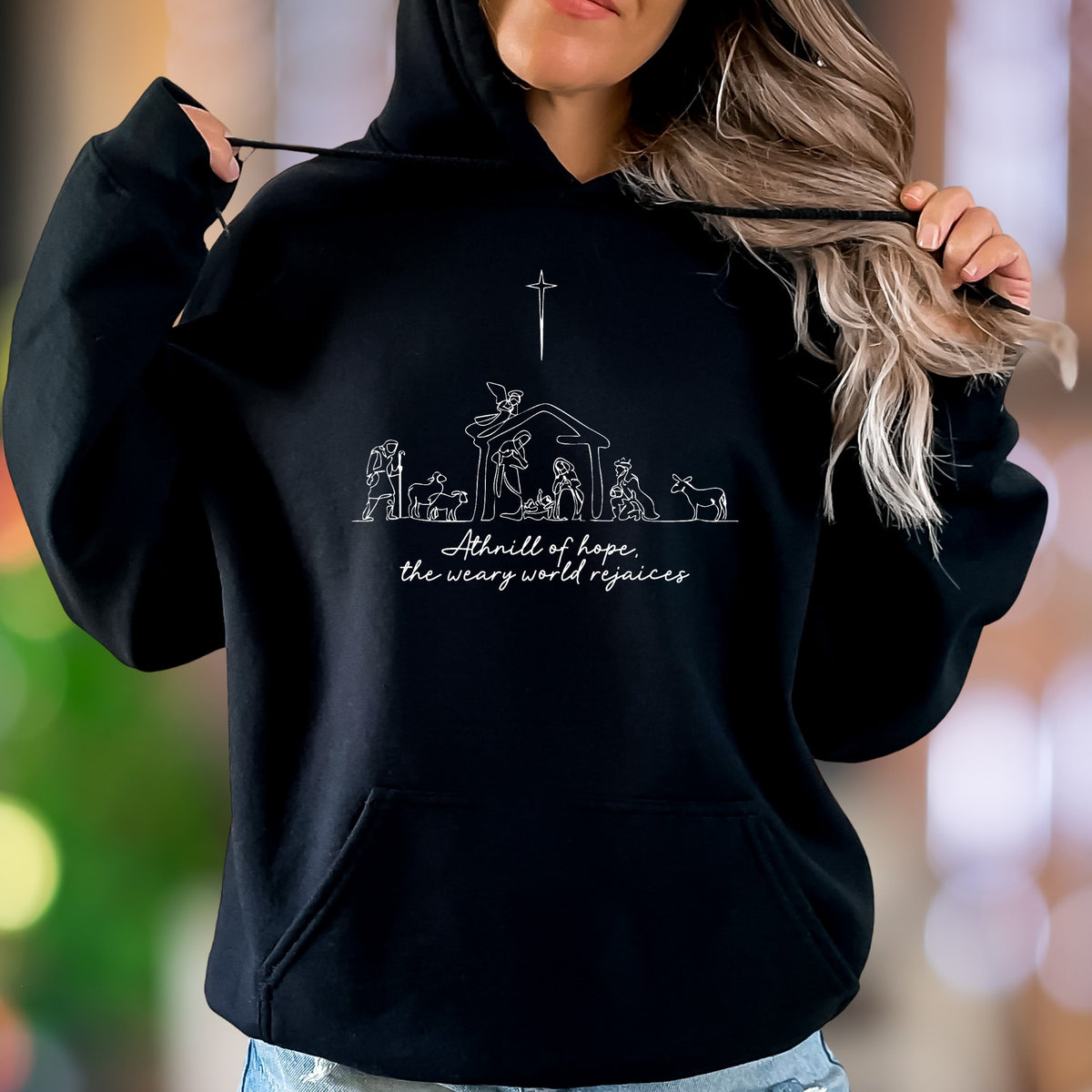 "A thrill of hope, the weary world rejoices" | Minimal Nativity Unisex Adult Hoodie | Inspiring Christian Apparel