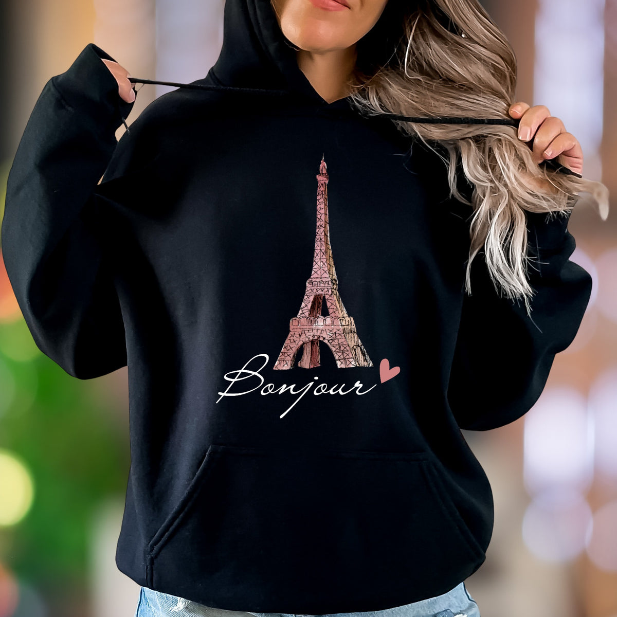 "Bonjour Eiffel Tower" | Parisian Sketch Unisex Adult Hoodie | Travel Lifestyle Apparel
