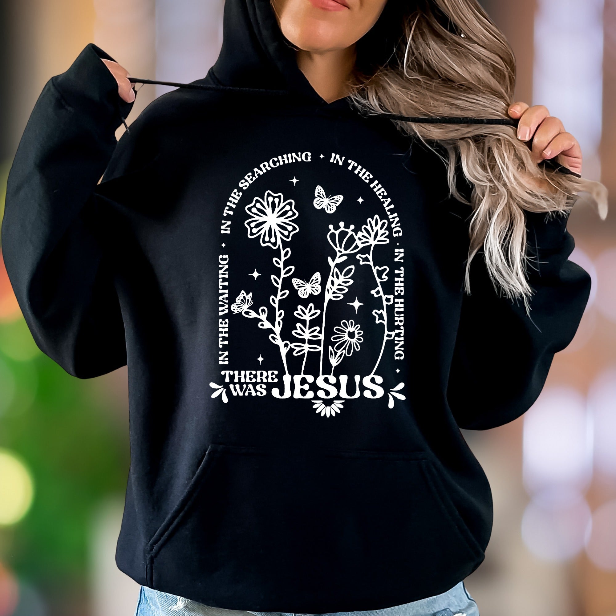 "In The Searching, In The Waiting, In The Healing, In The Hurting There Was Jesus" | Floral Graphic Unisex Adult Hoodie | Spiritual Comfort