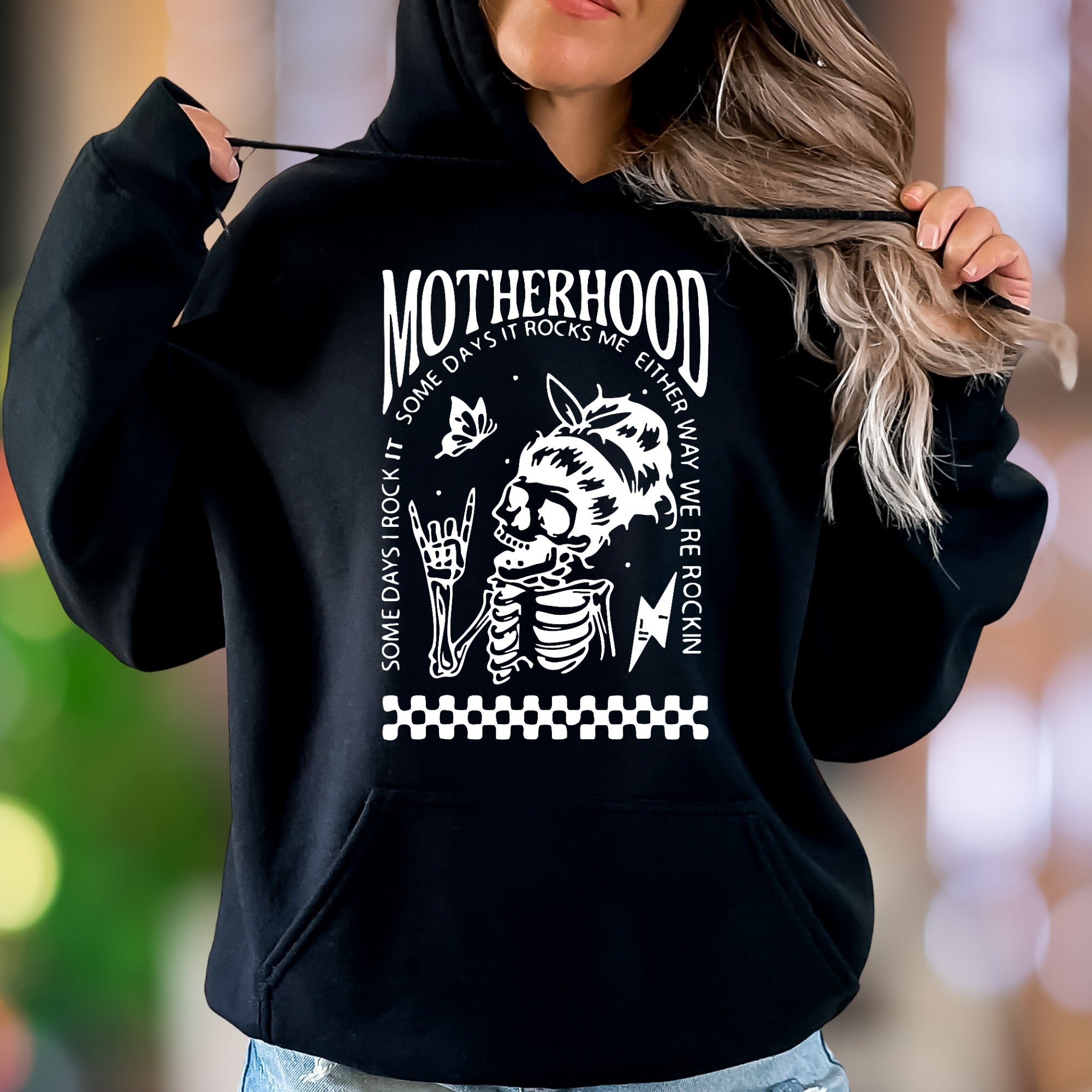 "Motherhood: Some Days It Rocks Me" | Vintage Skull Unisex Adult Hoodie | Parental Humor