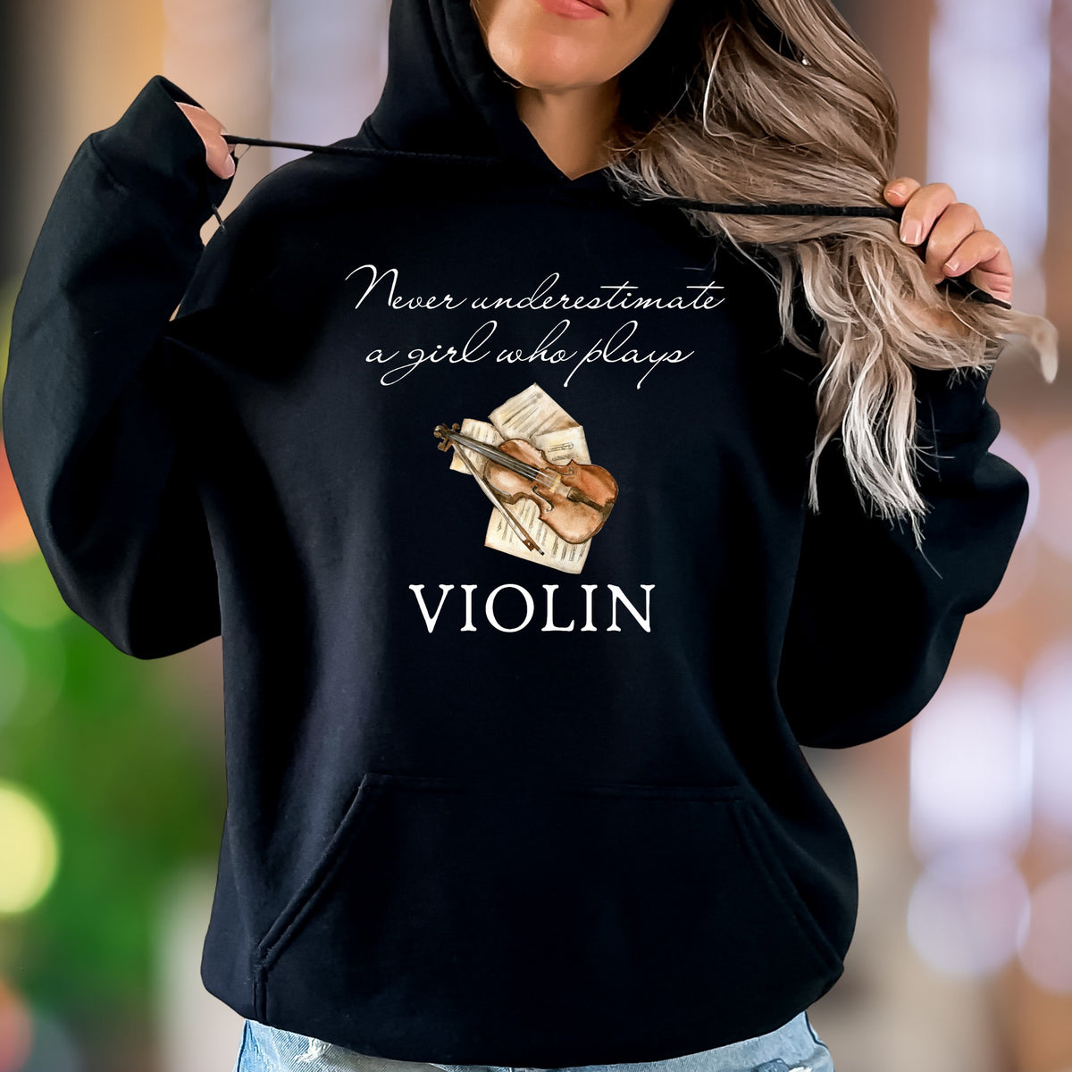 "Never underestimate a girl who plays VIOLIN" | Motivational Typography Unisex Adult Hoodie | Musician Lifestyle