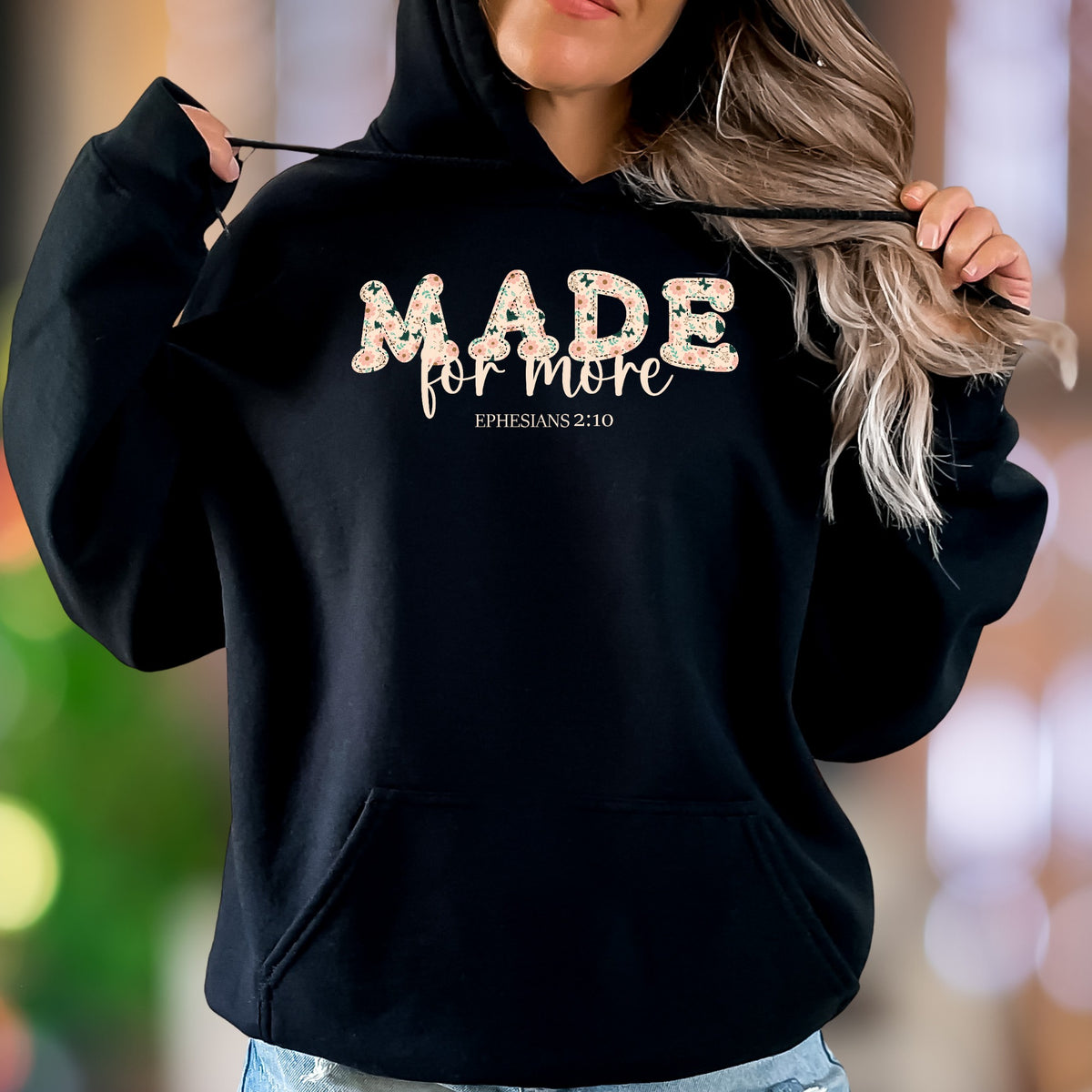 "MADE for more - Ephesians 2:10" | Floral Patchwork Unisex Adult Hoodie | Motivational Lifestyle
