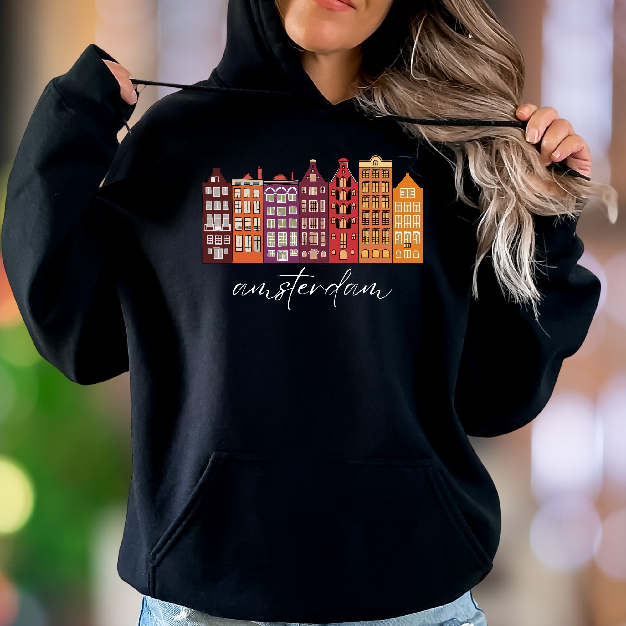 "amsterdam" | Illustrated Cityscape Unisex Adult Hoodie | Travel Lifestyle