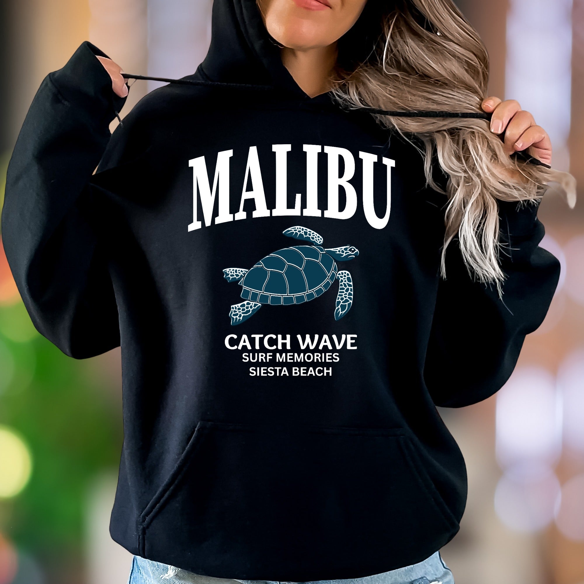 "MALIBU Catch Wave Surf Memories" | Retro Beach Unisex Adult Hoodie | Coastal Lifestyle