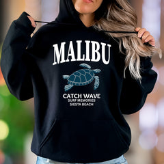 "MALIBU Catch Wave Surf Memories" | Retro Beach Unisex Adult Hoodie | Coastal Lifestyle