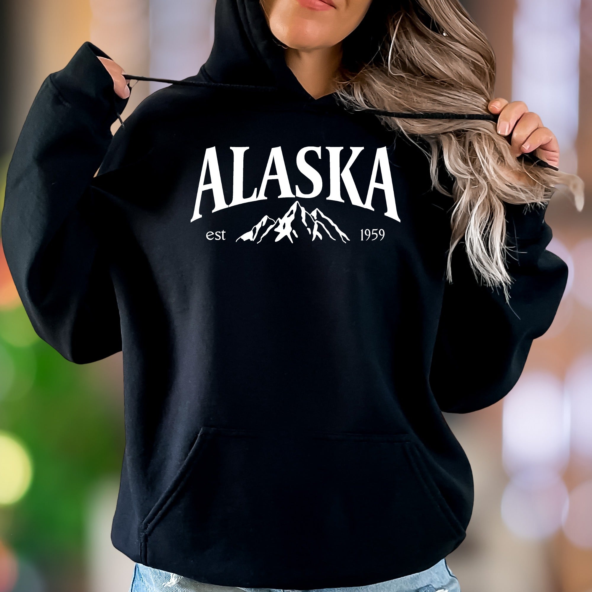 "ALASKA est 1959" | Retro Mountain Graphic Unisex Adult Hoodie | Nature Lifestyle