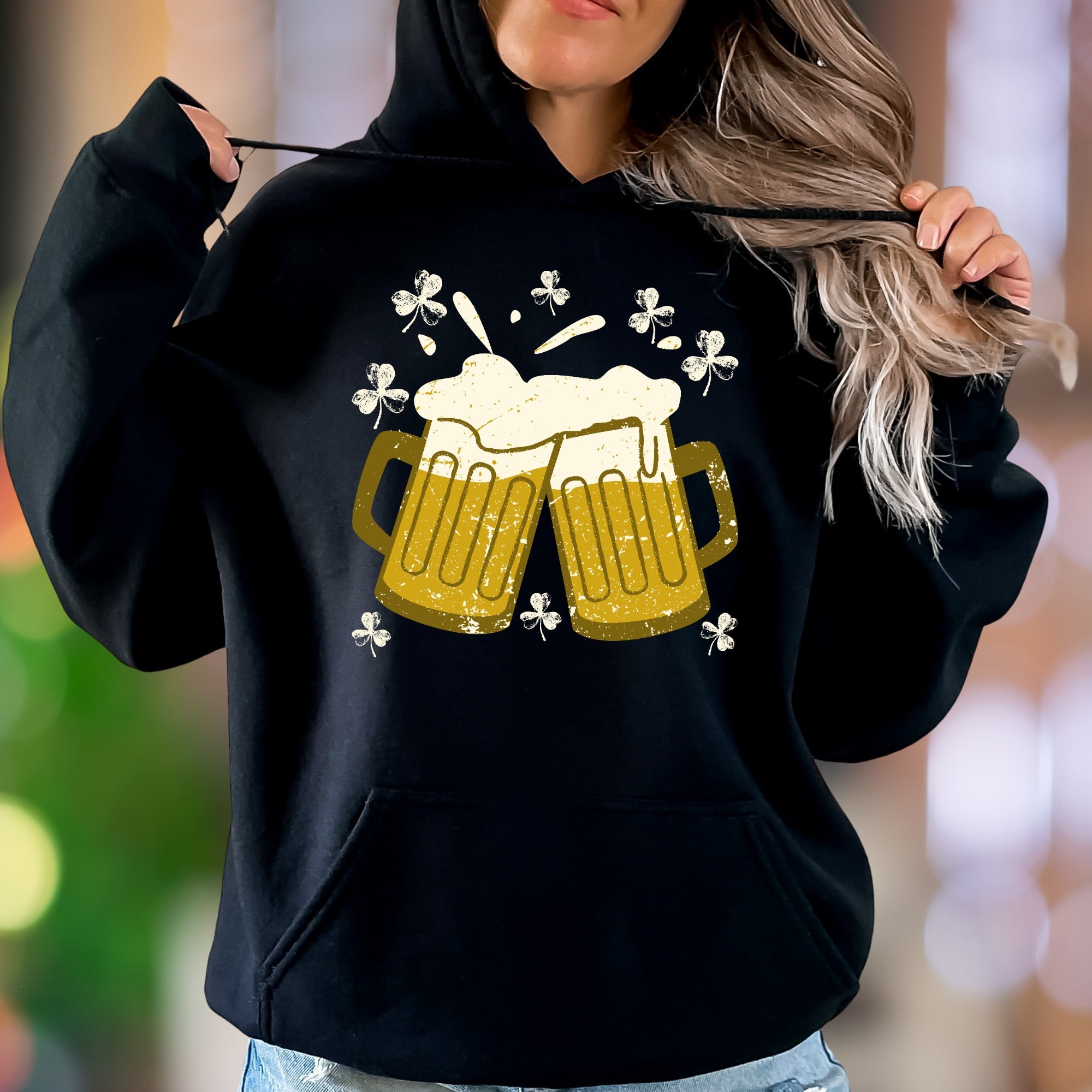 "Cheers & Shamrocks" | Distressed Graphic Unisex Adult Hoodie | St. Patrick's Day Fun