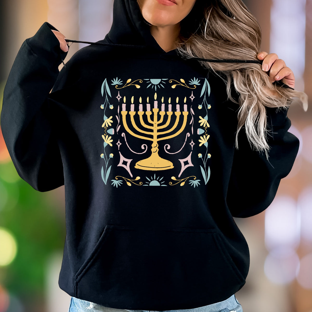 "Hanukkah Floral Menorah" | Folk Art Graphic Unisex Adult Hoodie | Festive Lifestyle